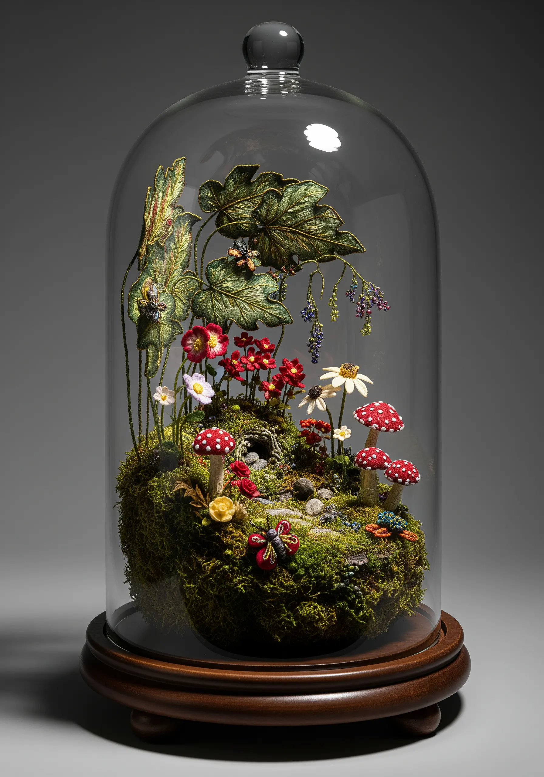 A detailed miniature woodland scene under a glass cloche, with stumpwork mushrooms and flowers.