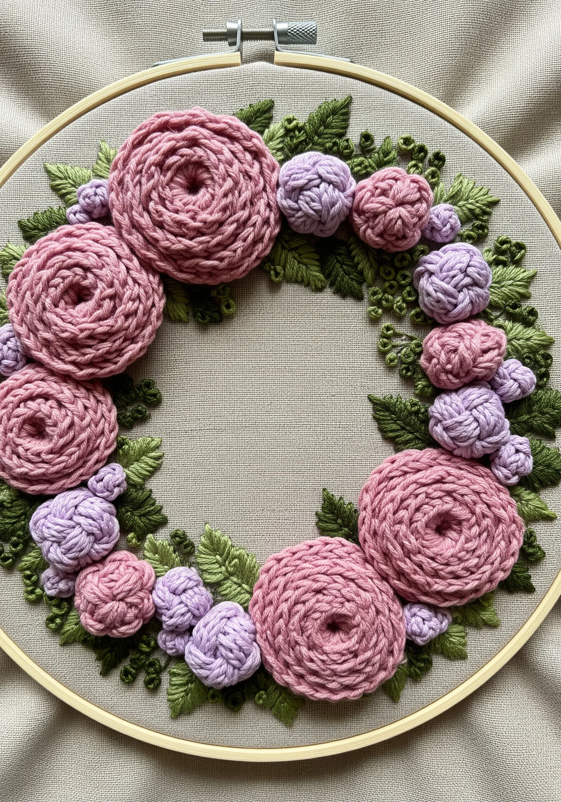 A floral embroidery wreath with highly dimensional pink and purple woven-wheel and cast-on stitch flowers.