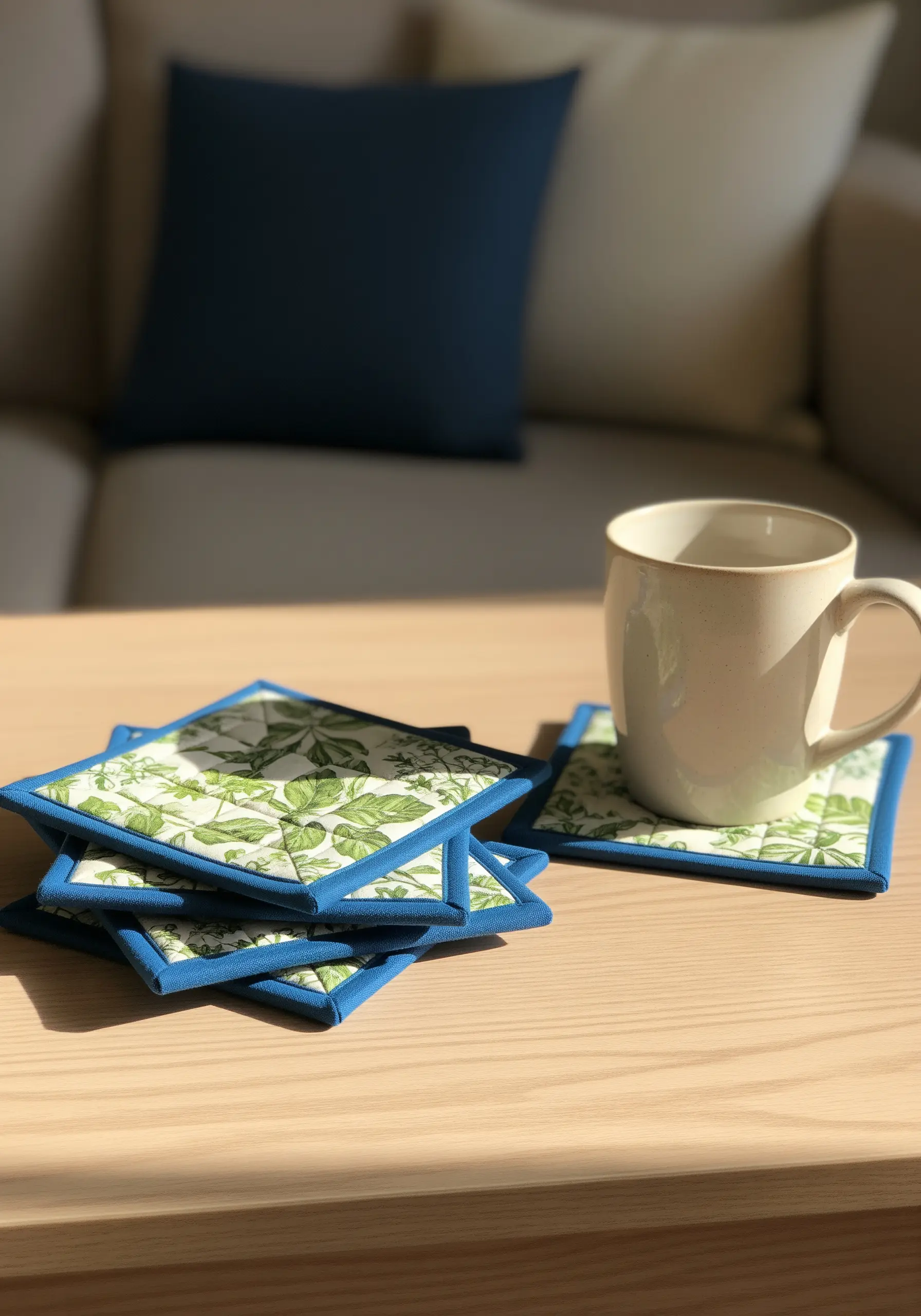 A stack of homemade quilted coasters with green leaf patterns and blue binding.