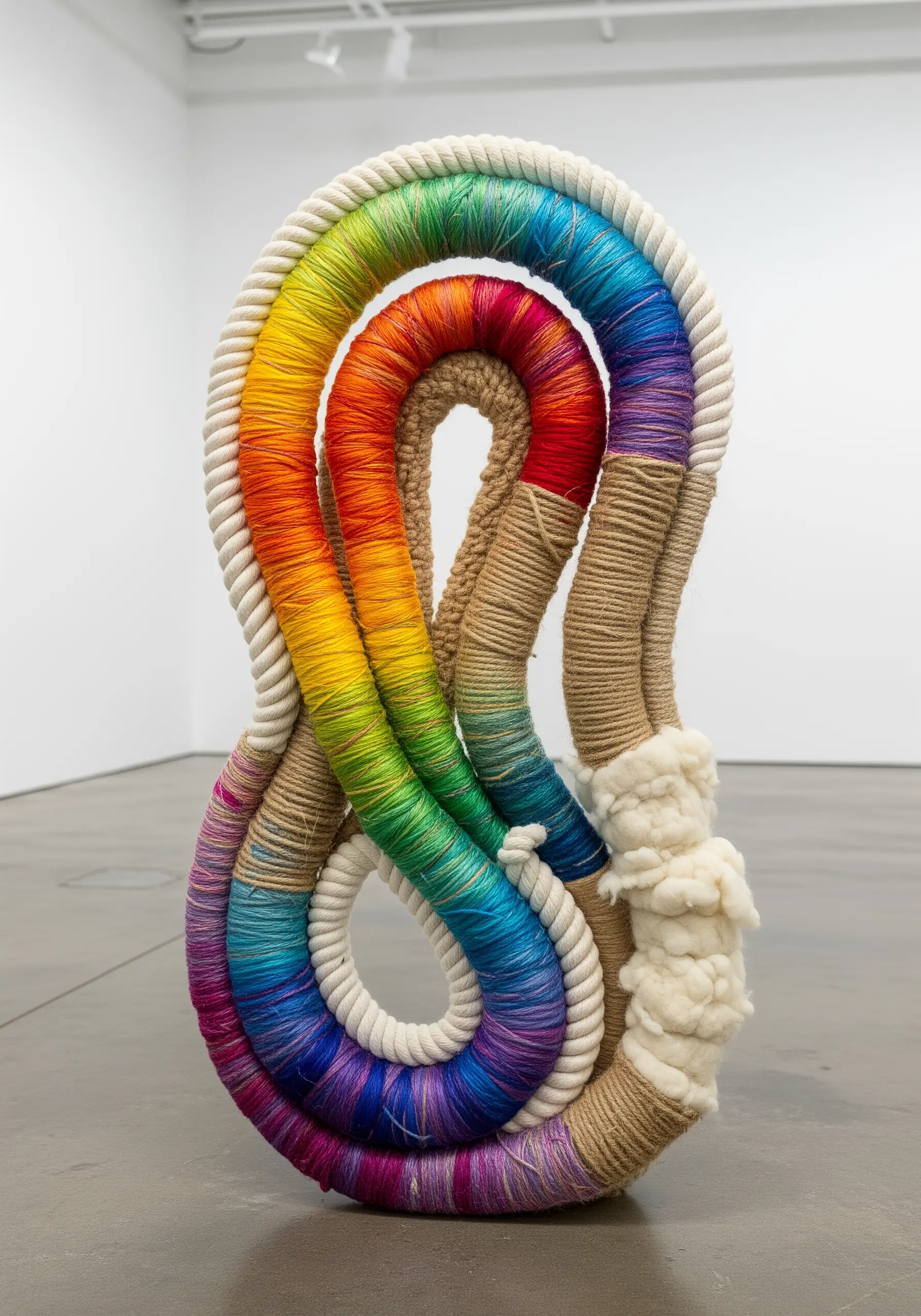 A large rope sculpture wrapped in a rainbow gradient of thread, standing in a gallery.
