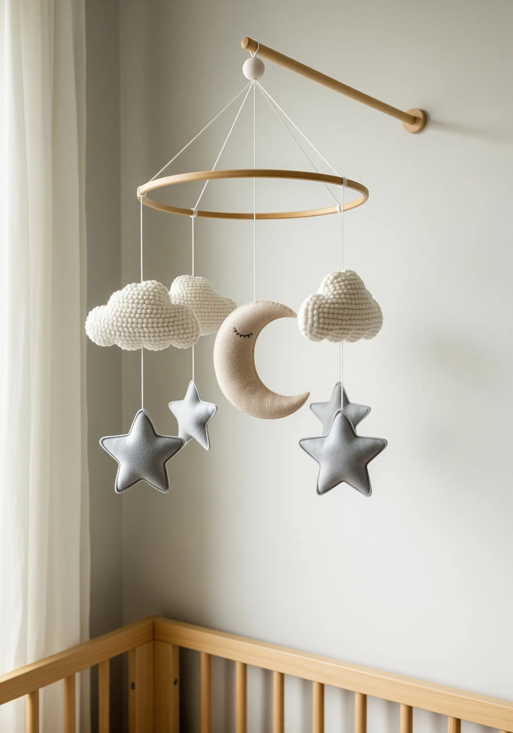 A handmade nursery mobile with plush, stitched clouds, stars, and a crescent moon.