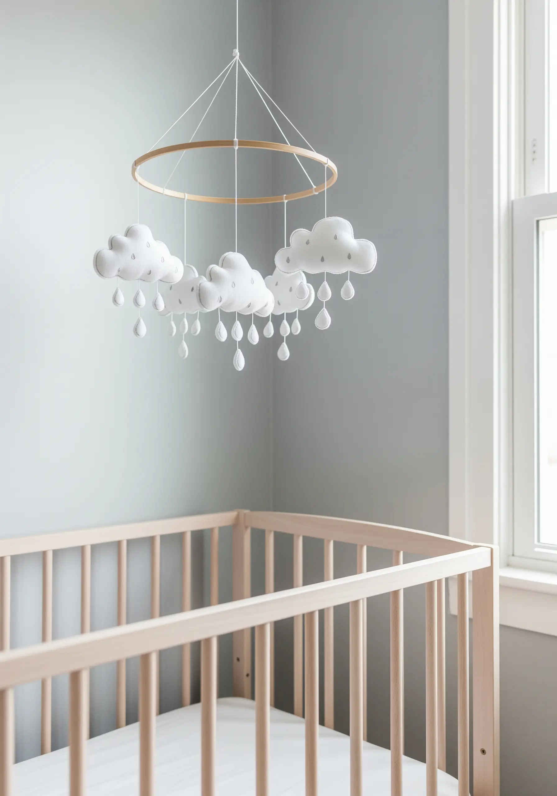 A nursery mobile made of soft, white, 3D embroidered felt clouds with hanging raindrops.