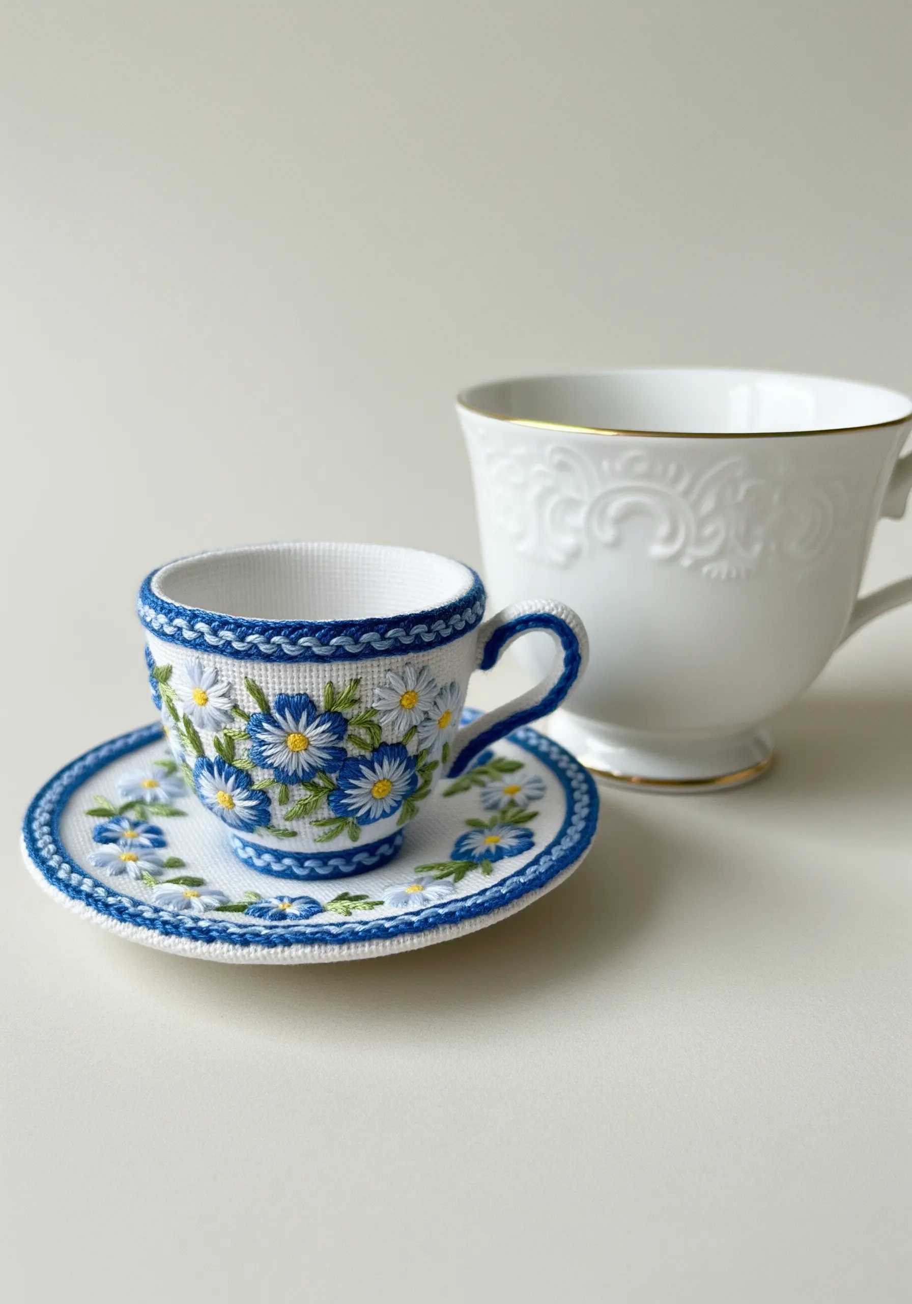 A freestanding, 3D embroidered teacup and saucer with blue flowers.