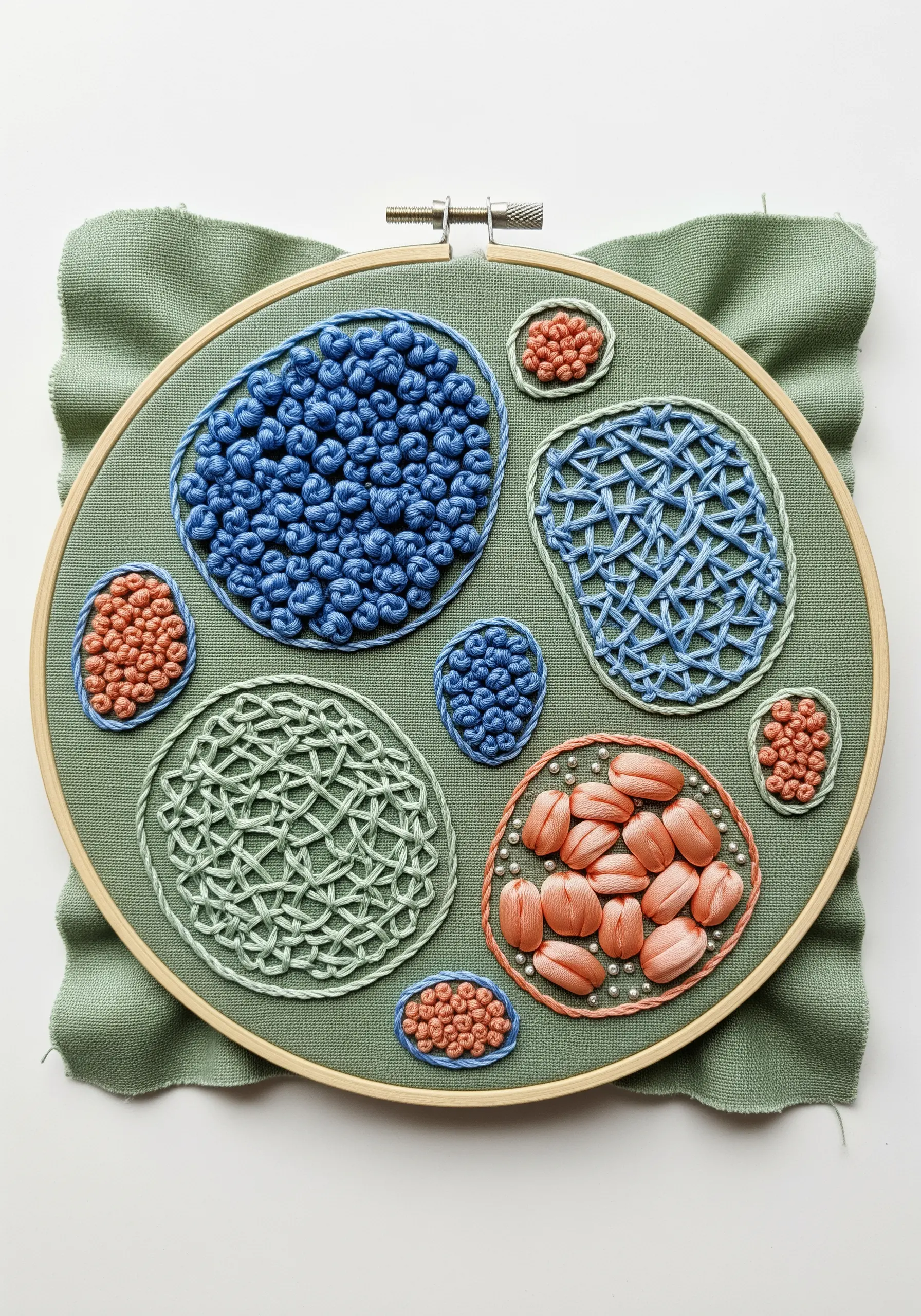 Several organic shapes on green fabric, each filled with a different dimensional stitch.