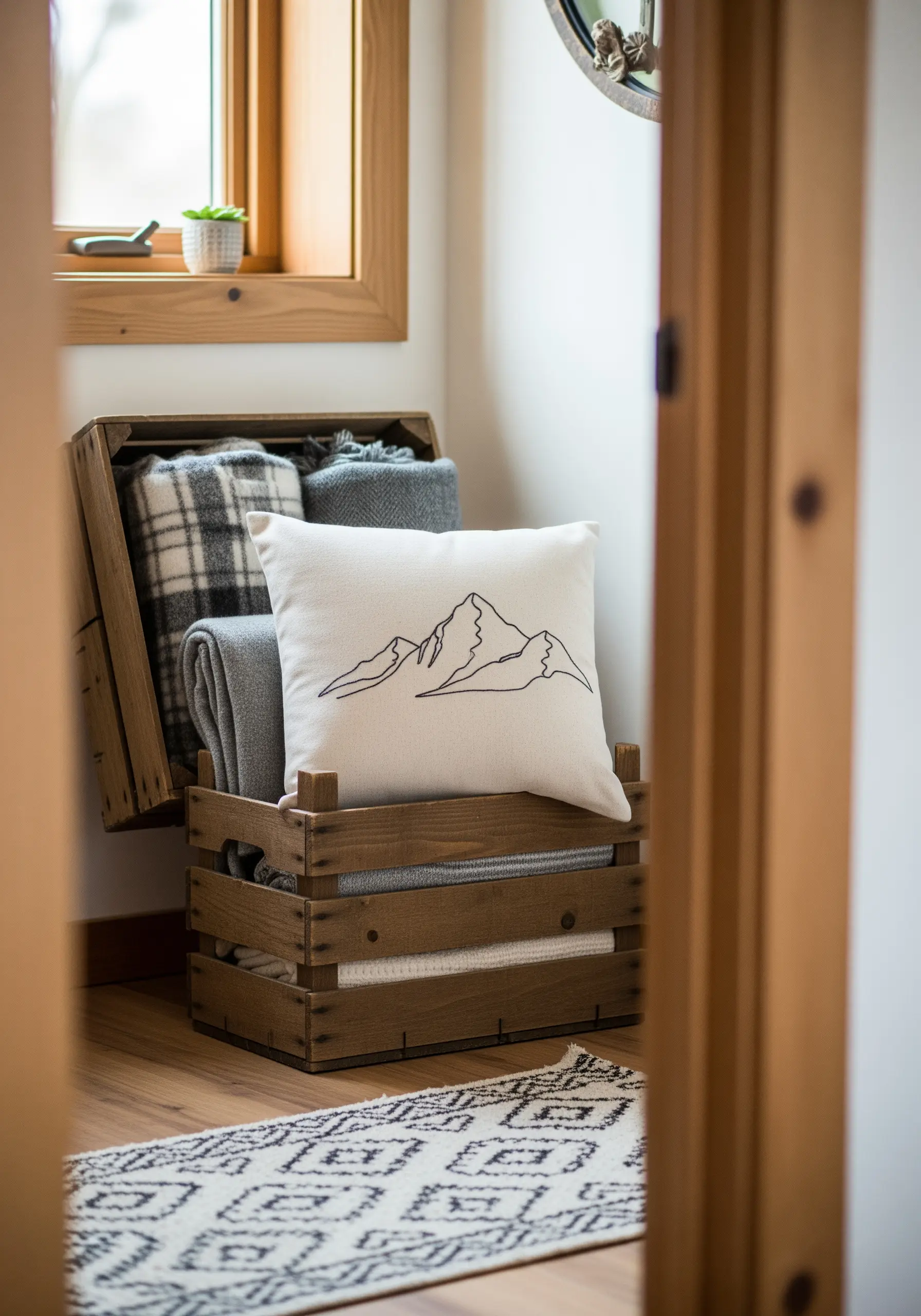 A minimal, single-line mountain range embroidered on a square pillow.