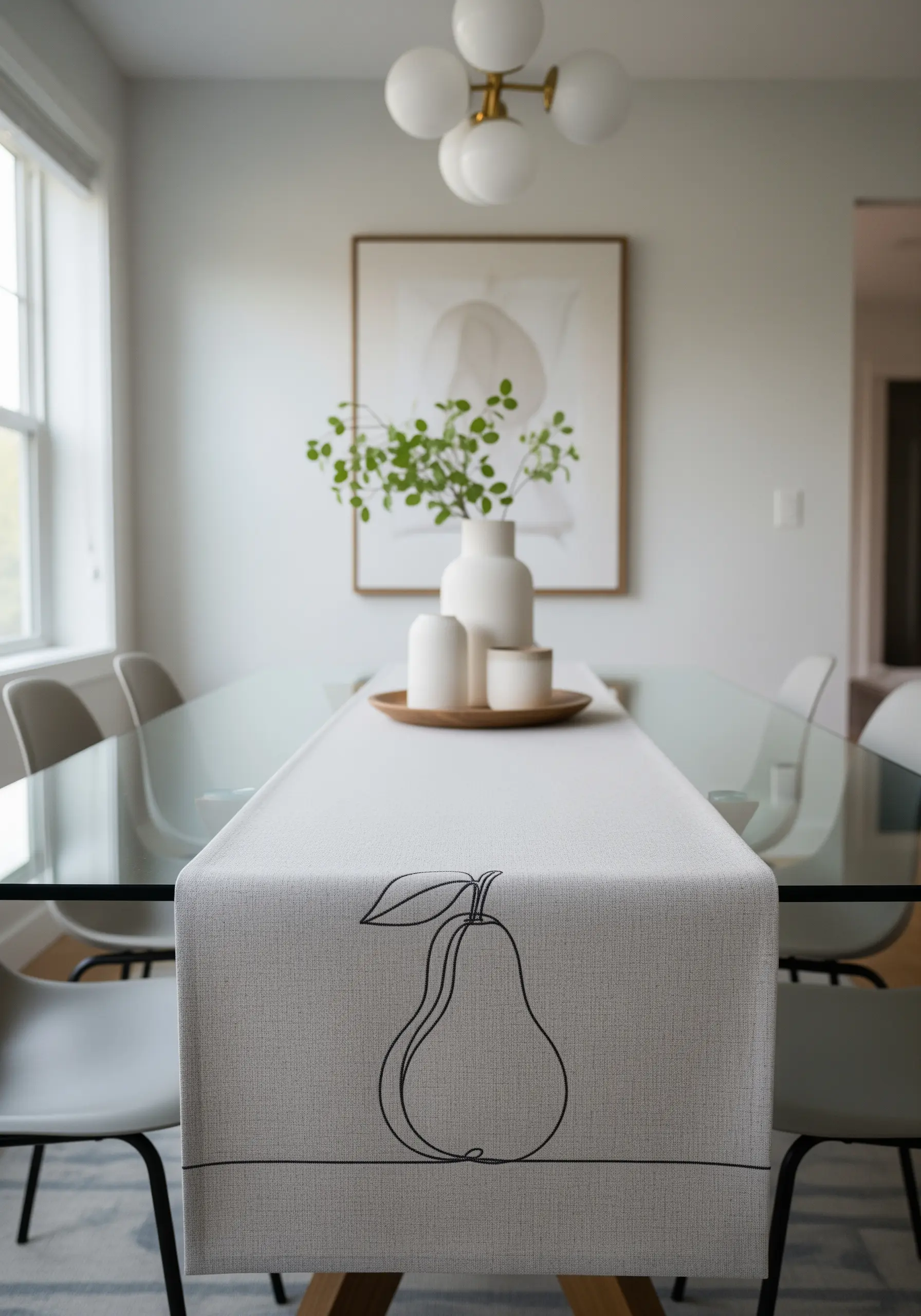 A pear motif embroidered in a single continuous black line on a light gray runner