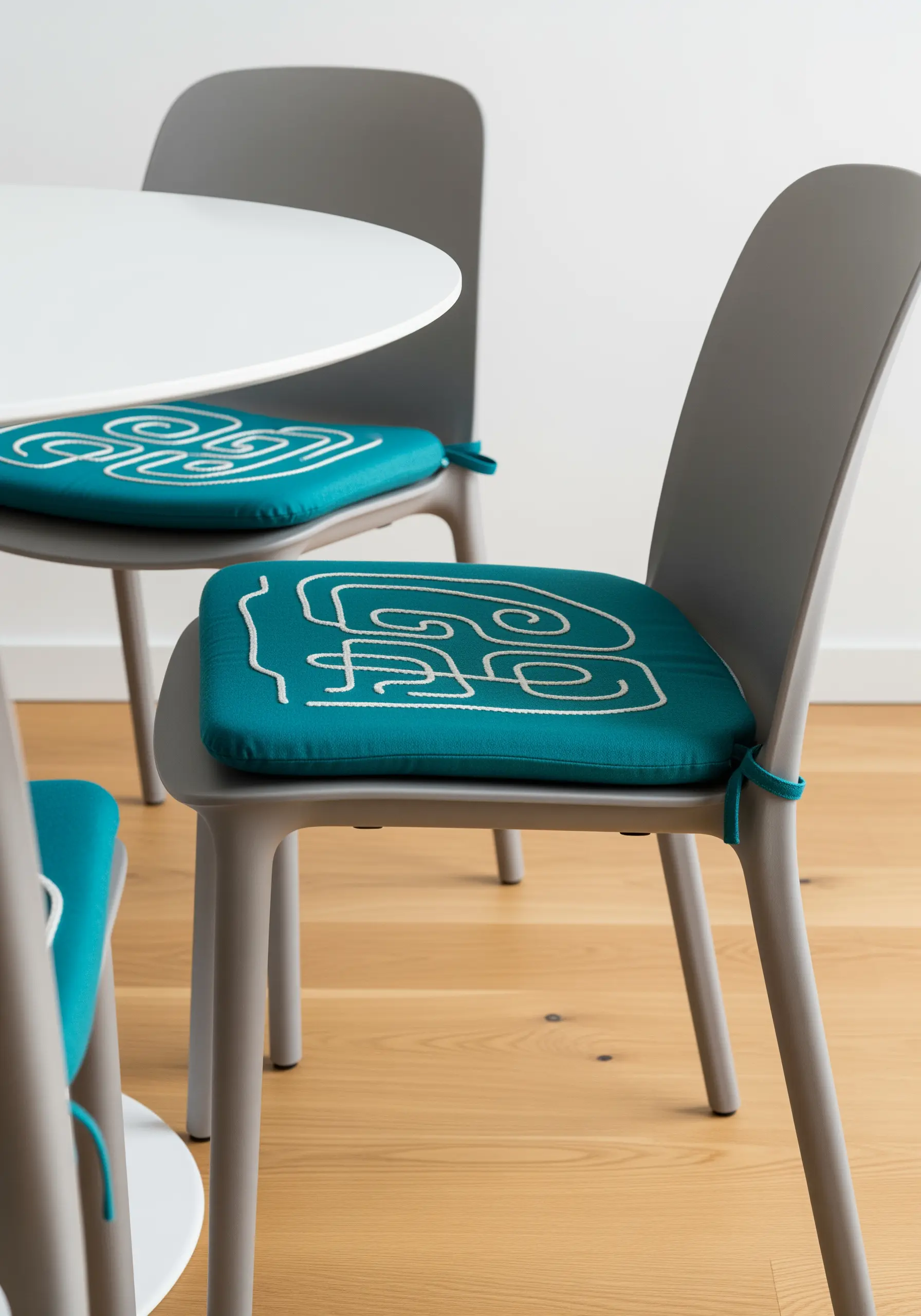 A modern gray chair with a teal cushion embroidered with a continuous white cord design.