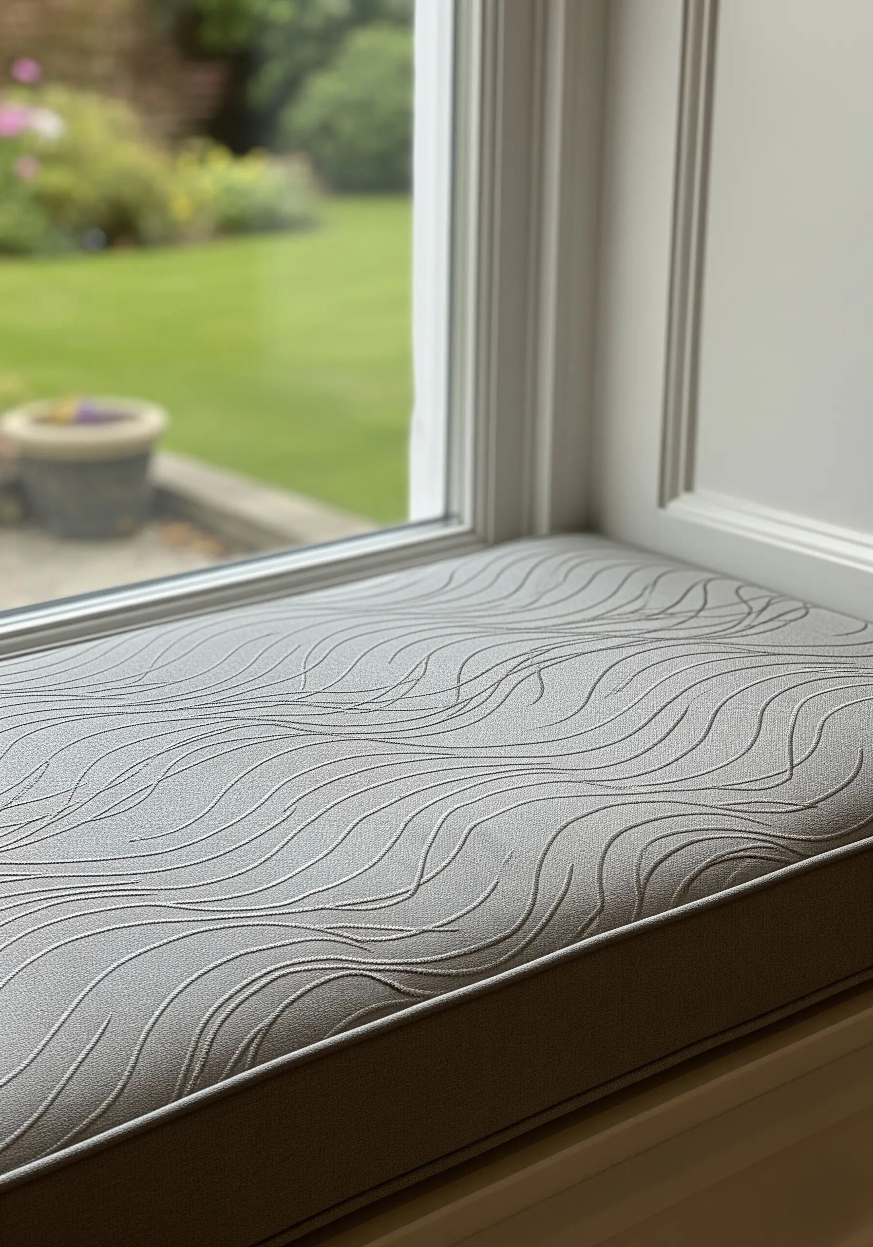 Tone-on-tone fluid wave pattern embroidered across a grey upholstered window seat.