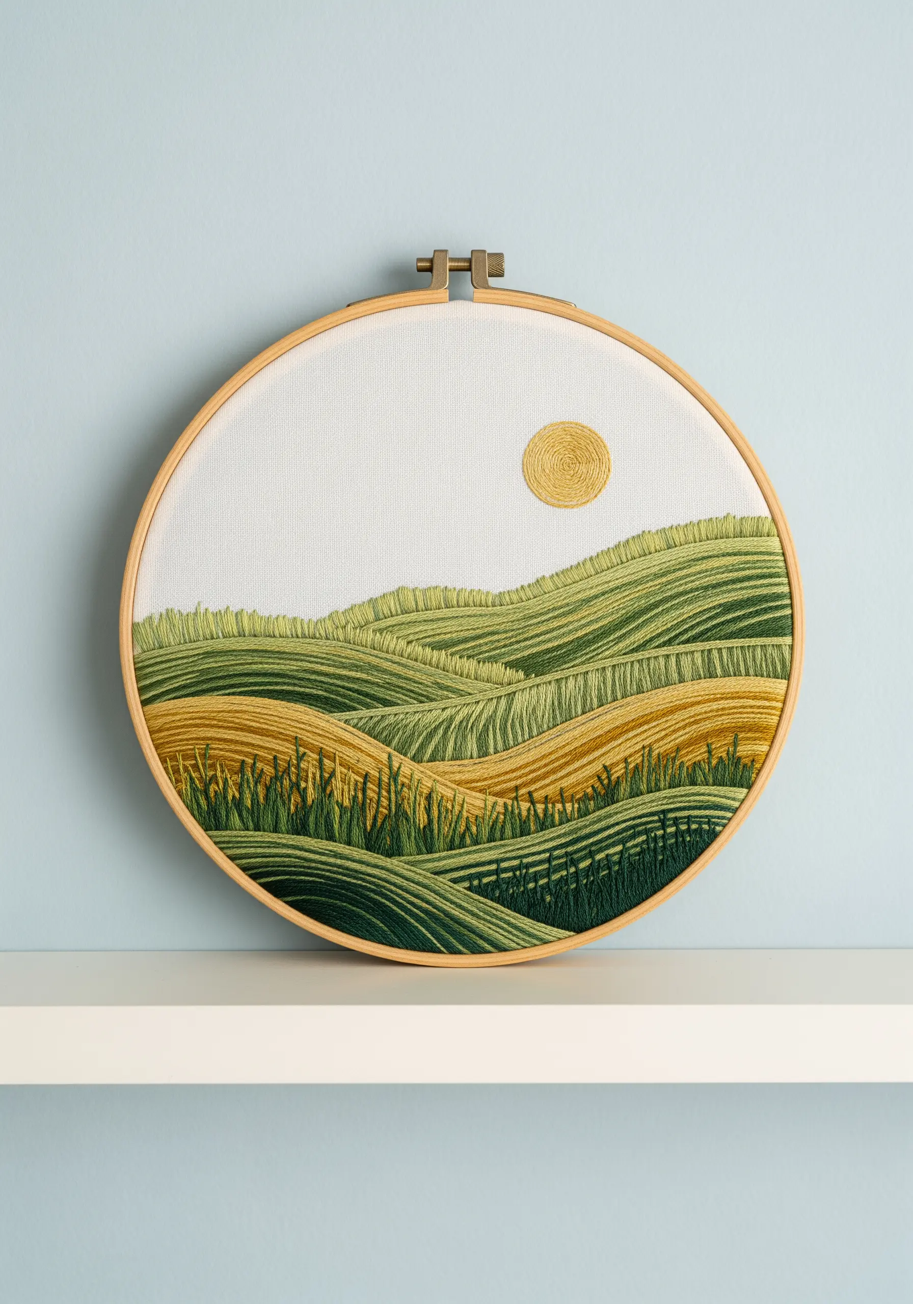 An embroidered landscape of rolling green and yellow hills created with blocks of satin stitch.