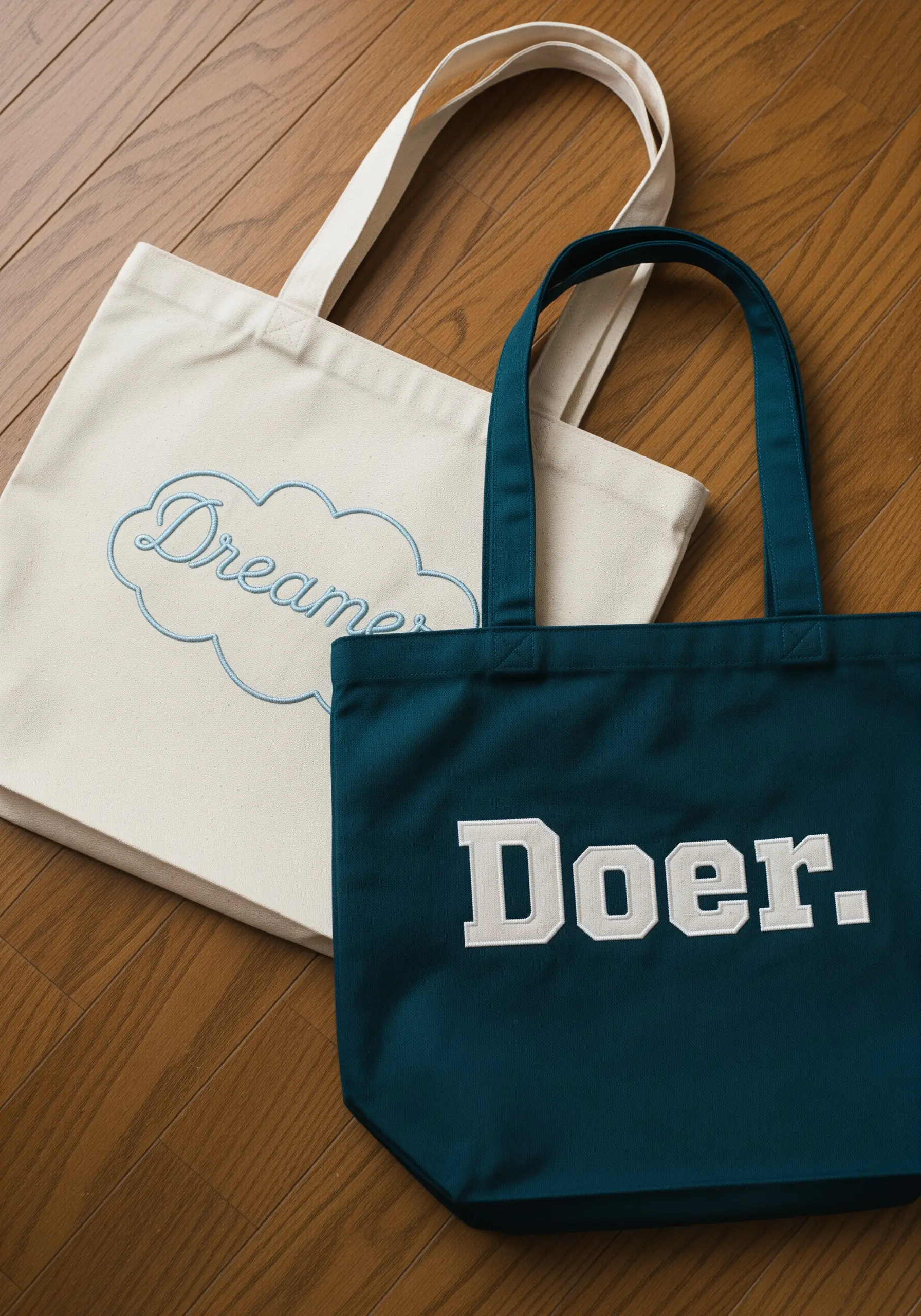 Two tote bags, one with 'Dreamer' in light blue script and one with 'Doer' in bold appliqué letters.