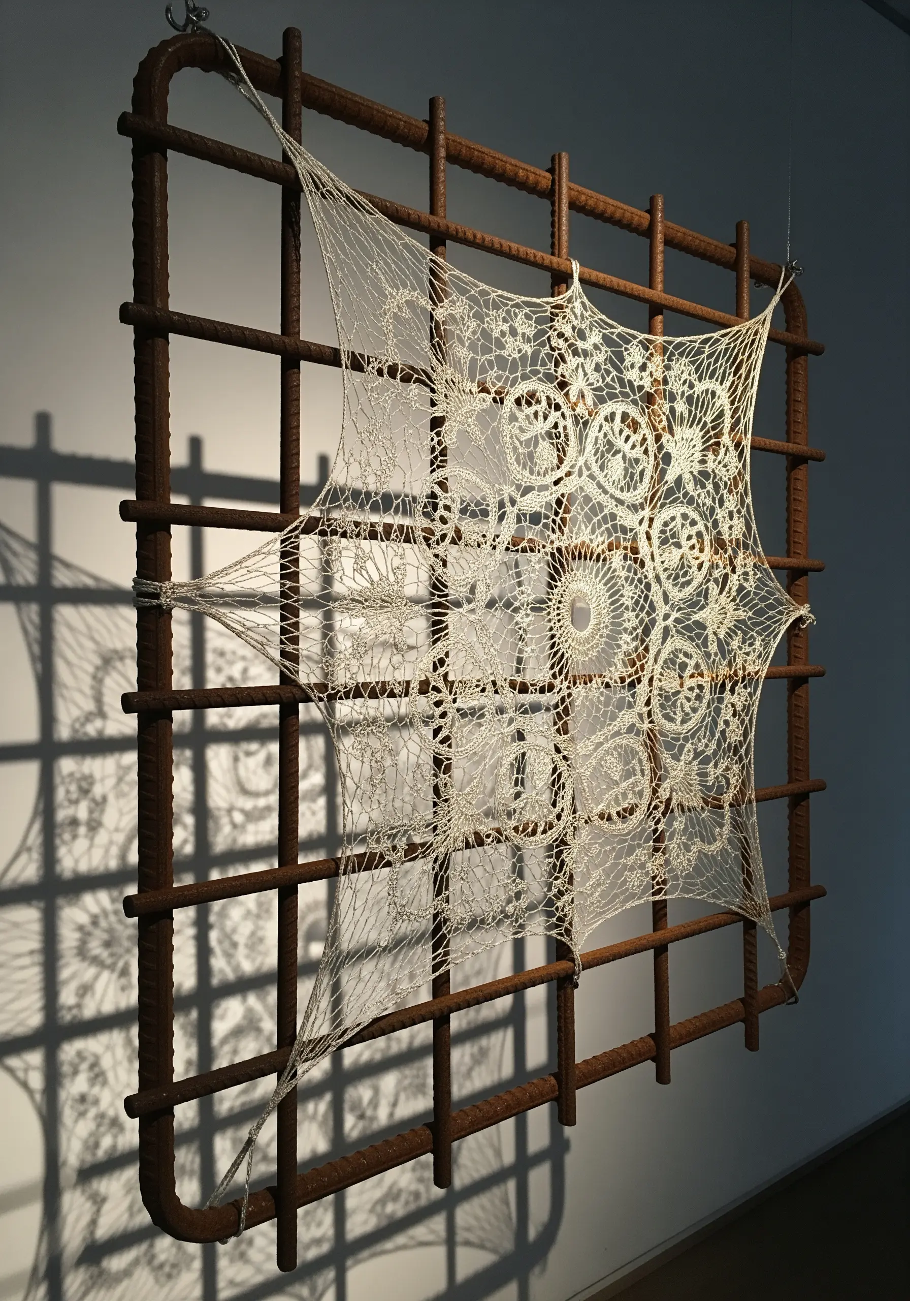 A delicate lace doily stretched across a square grid of rusty industrial rebar.