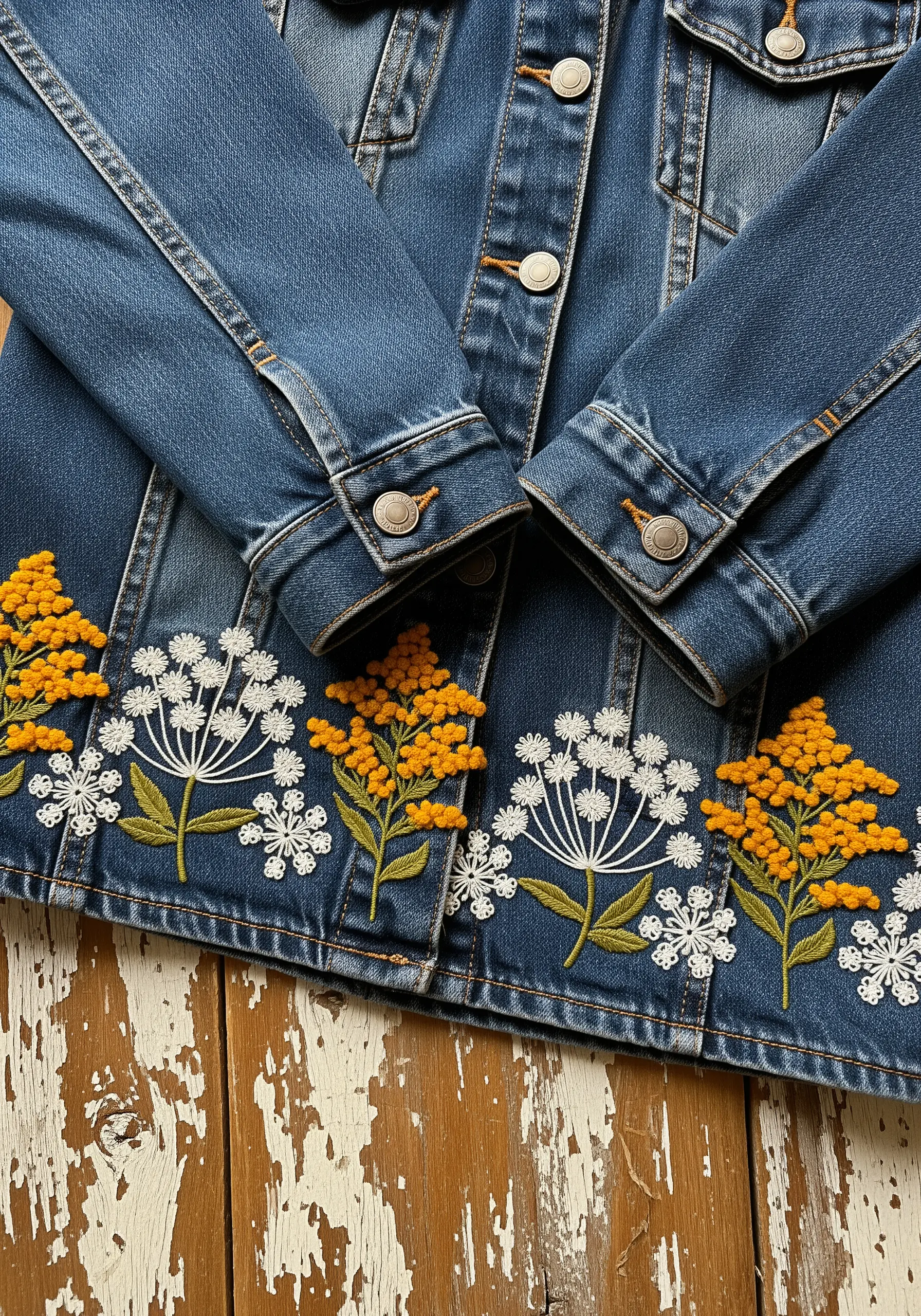 High-texture floral embroidery with French knots on a denim jacket hem