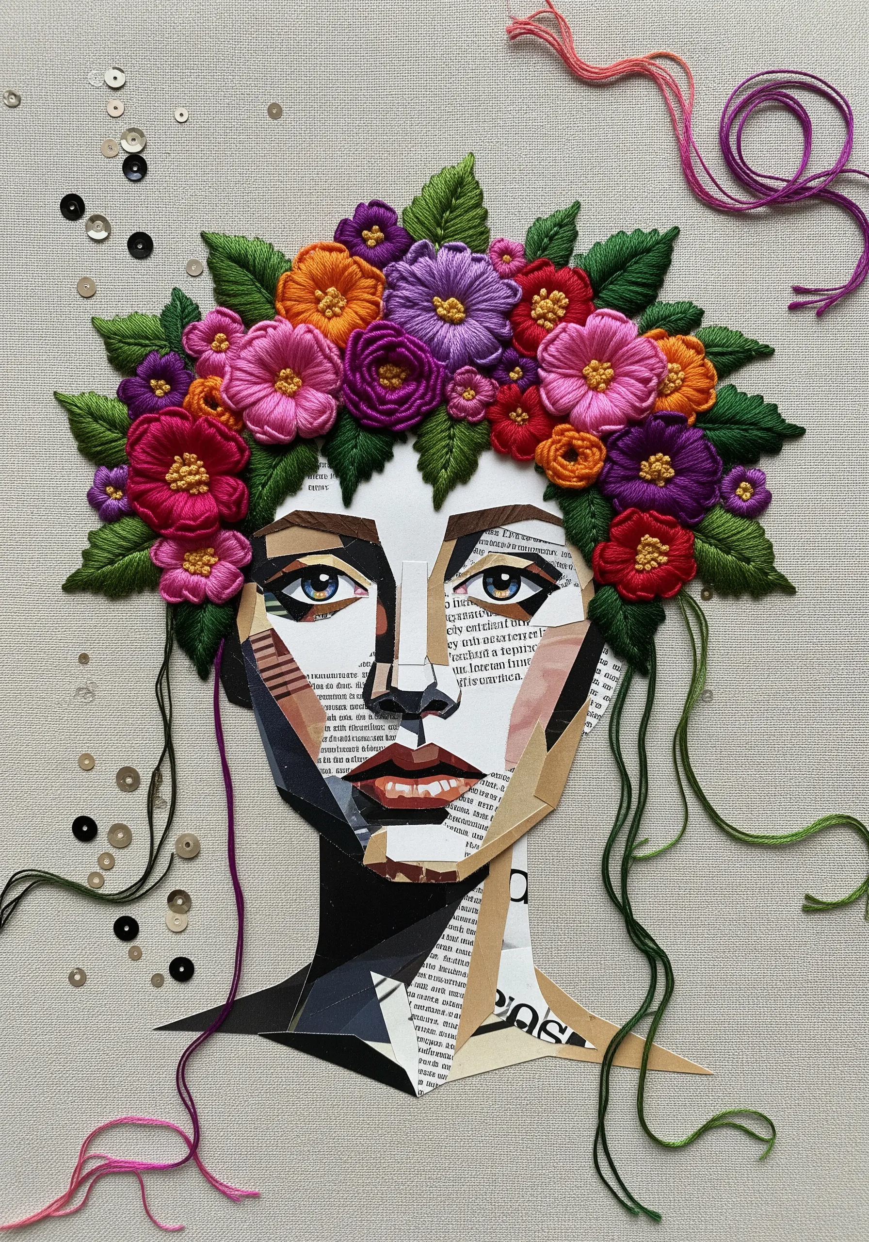 A paper collage portrait with a vibrant, three-dimensional embroidered floral crown.