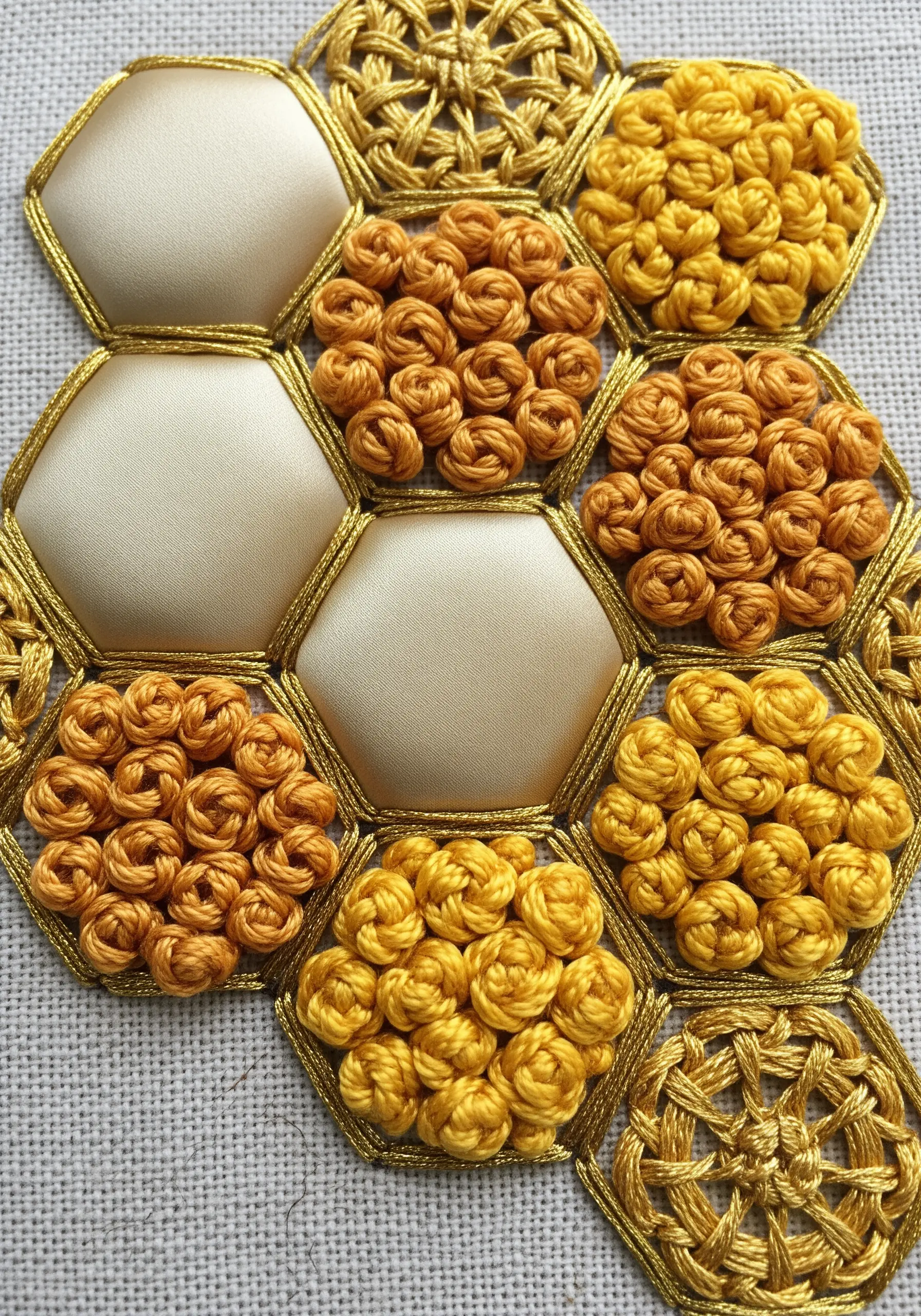 A honeycomb pattern with cells filled with bullion knot roses and others with satin fabric.
