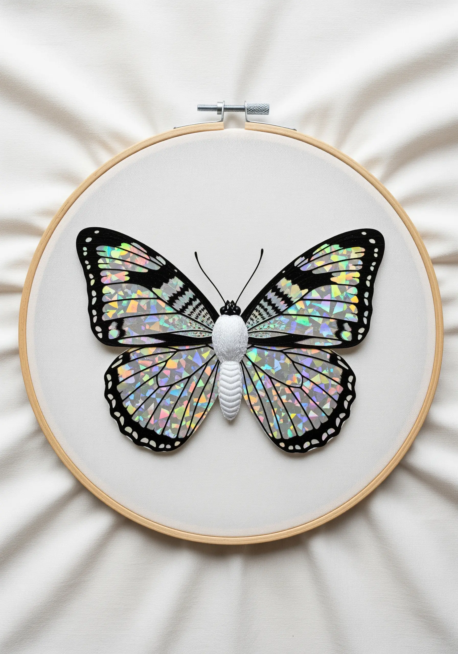 A butterfly with holographic paper wings and a white satin-stitched body.