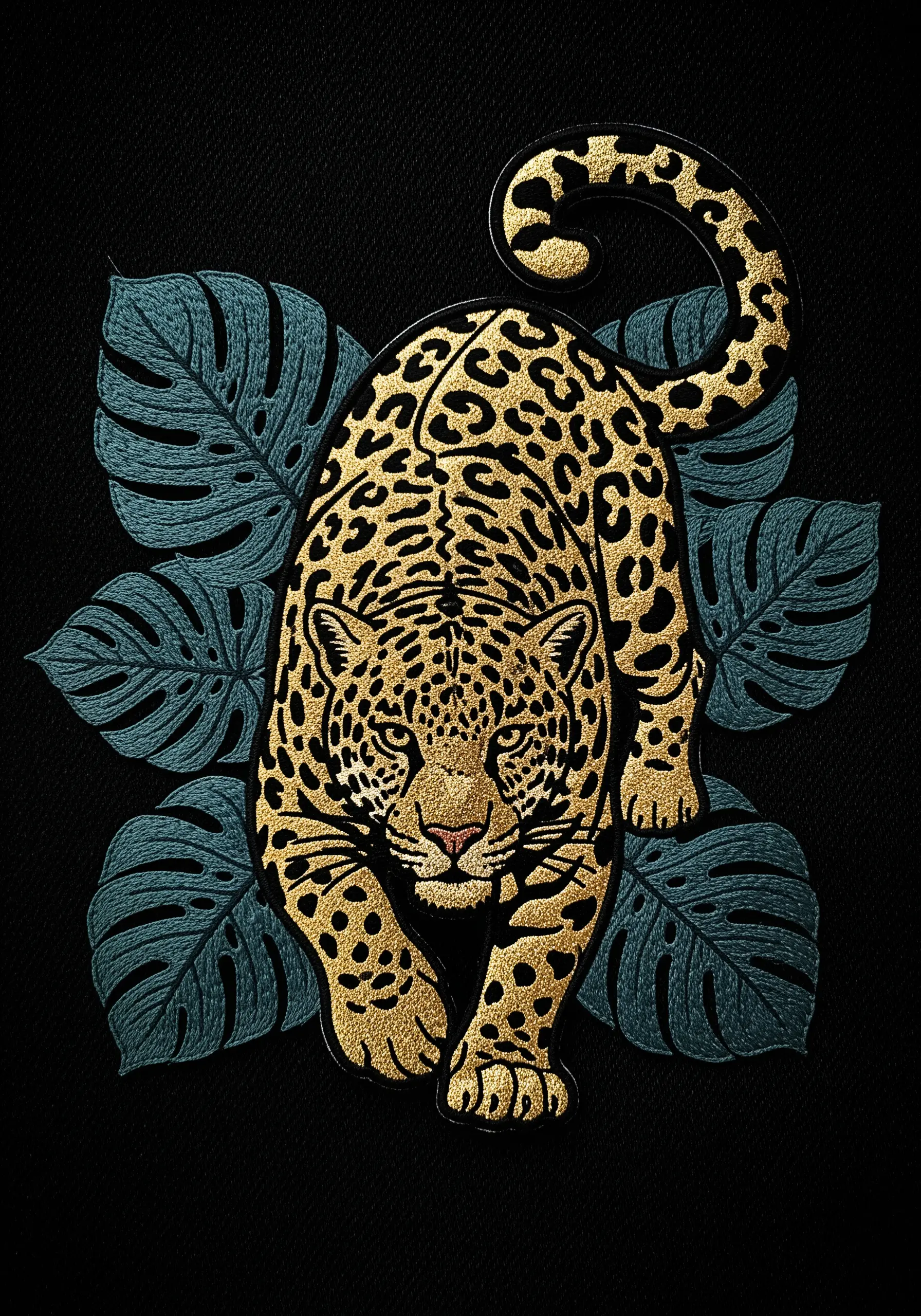 A leopard embroidered in gold metallic thread against dark teal matte monstera leaves.