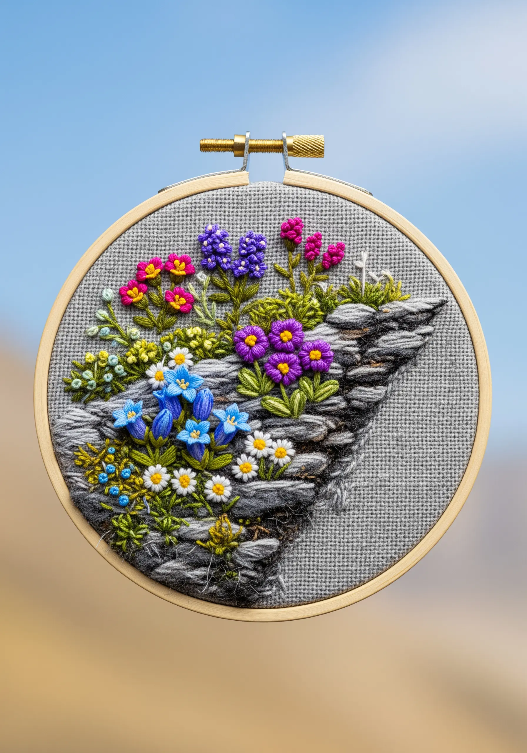 Colorful wildflowers embroidered as if growing out of a textured, gray stone wall