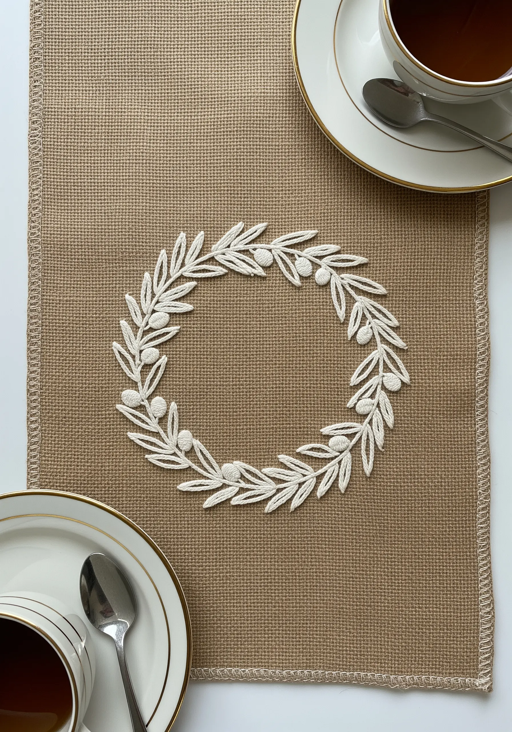 A simple olive leaf wreath stitched in white on a natural burlap table runner.