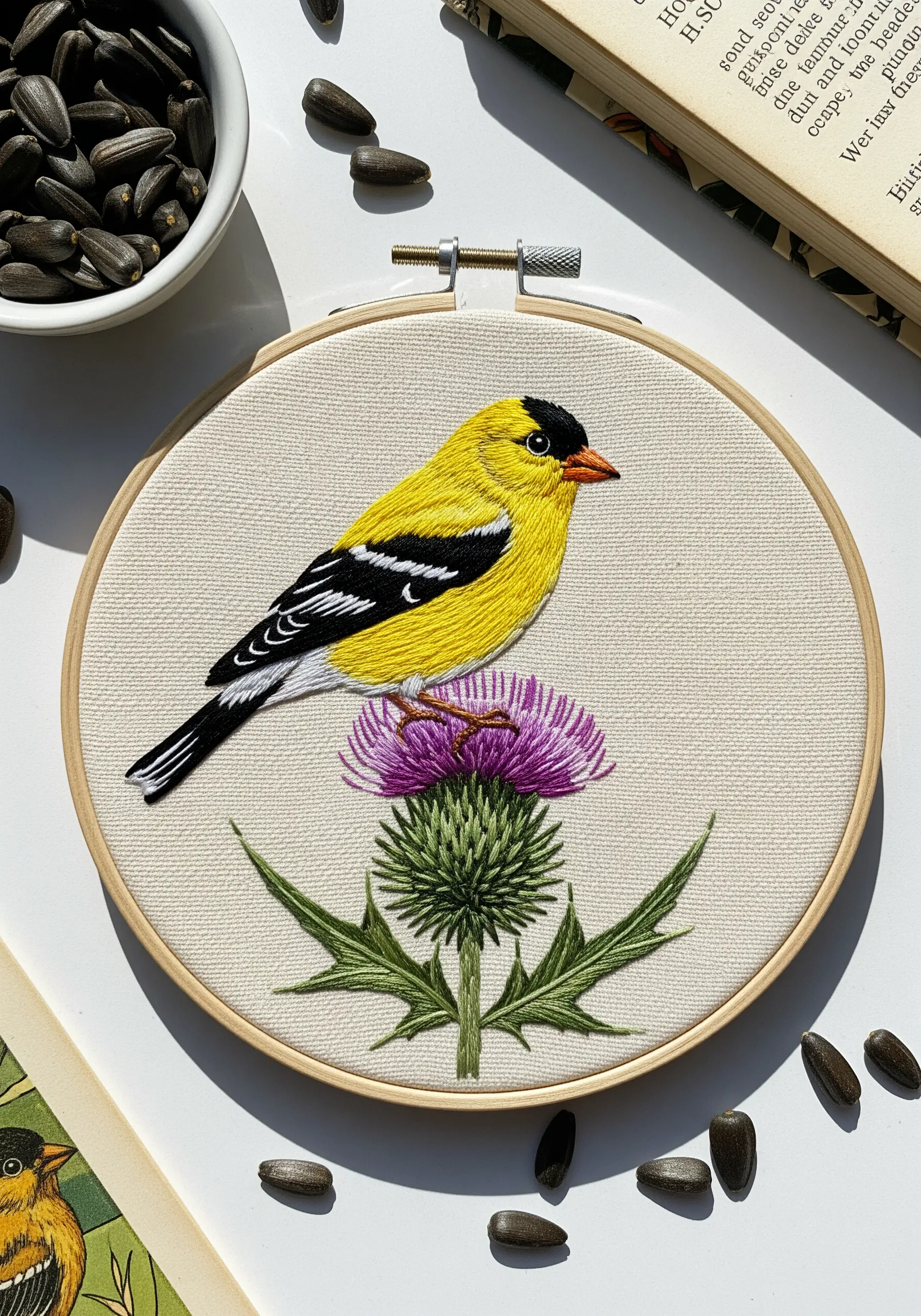 Embroidered goldfinch with smooth satin stitch on wings and soft body texture.