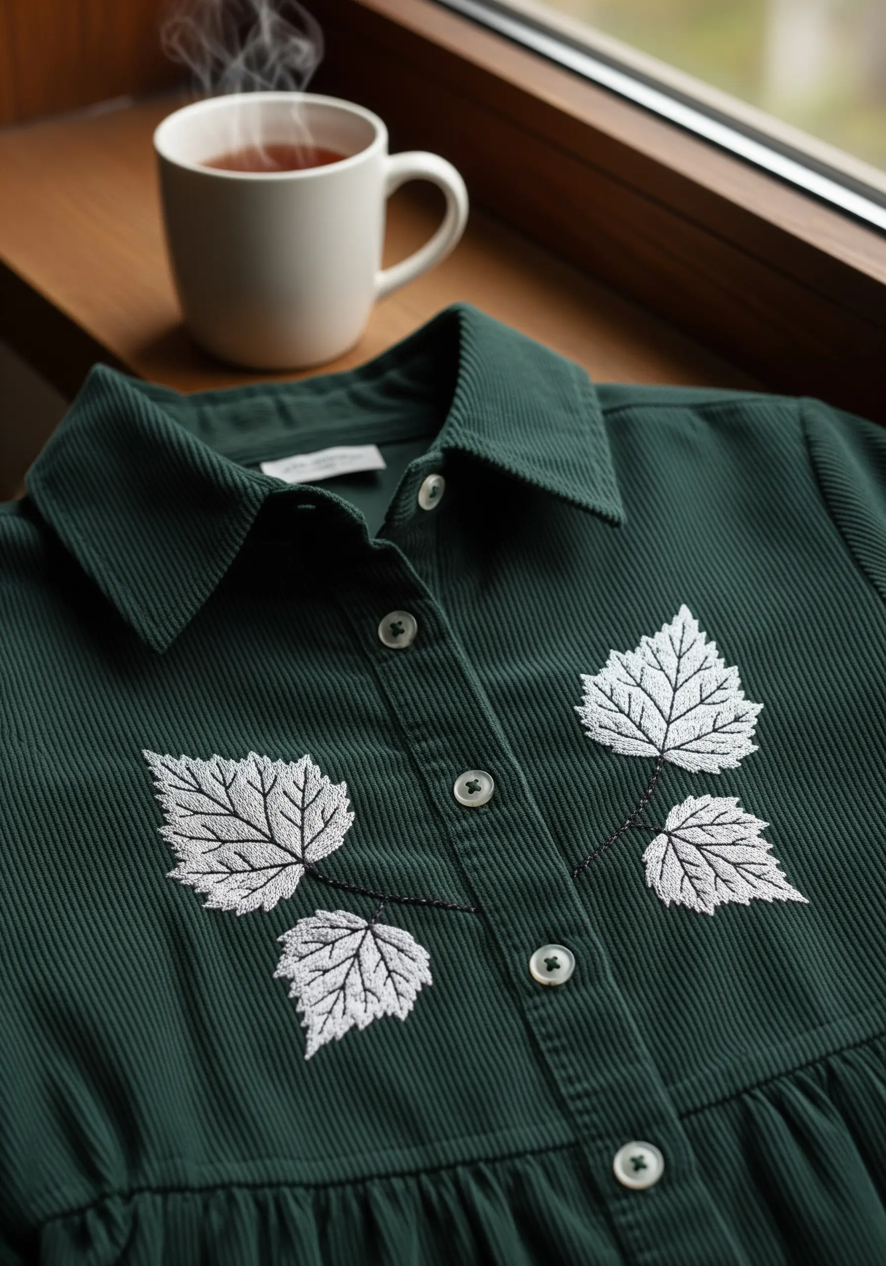 High-contrast white leaf embroidery with black veins on a dark green corduroy dress.