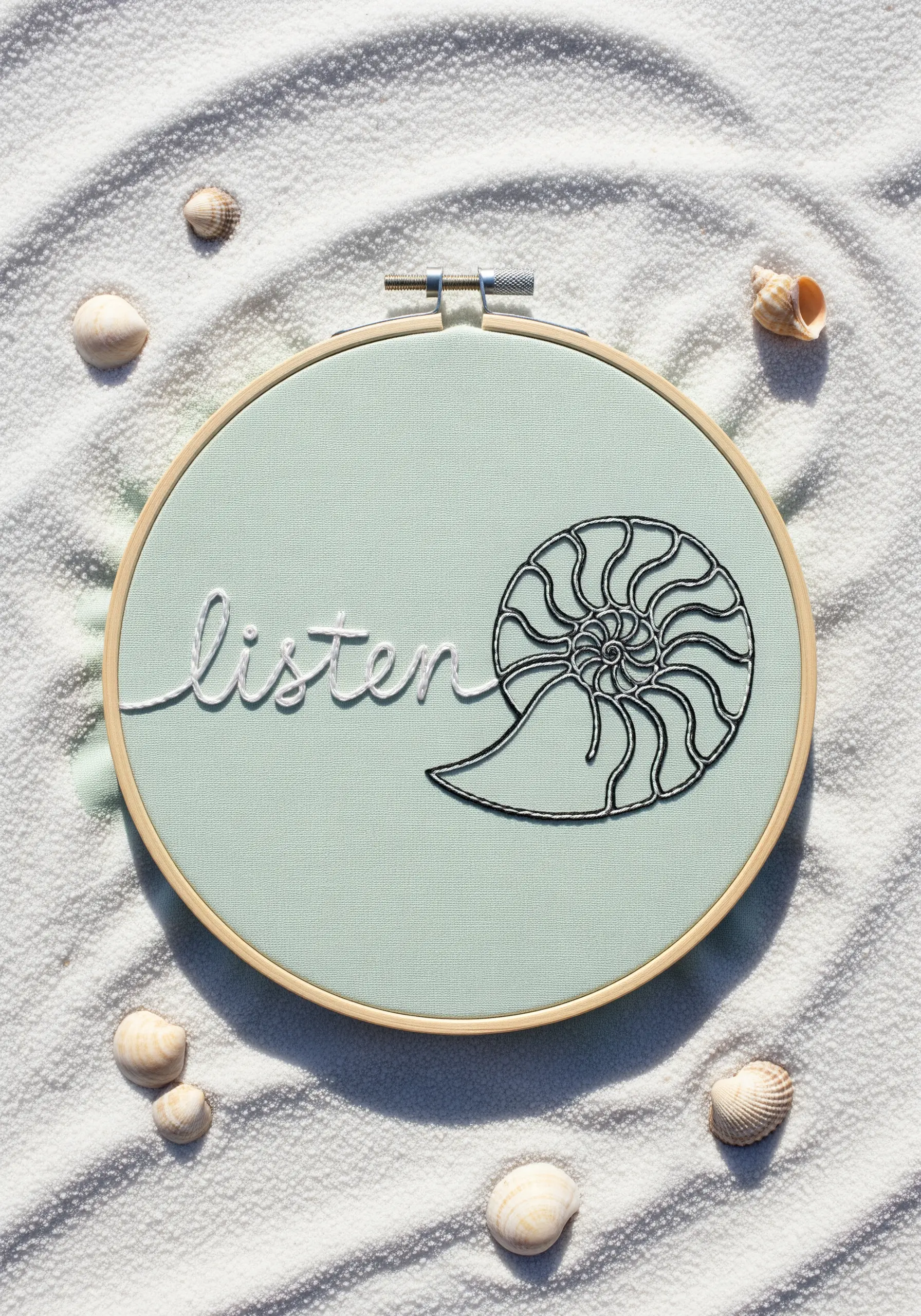 A nautilus shell with a raised outline next to the word 'listen' on seafoam green fabric