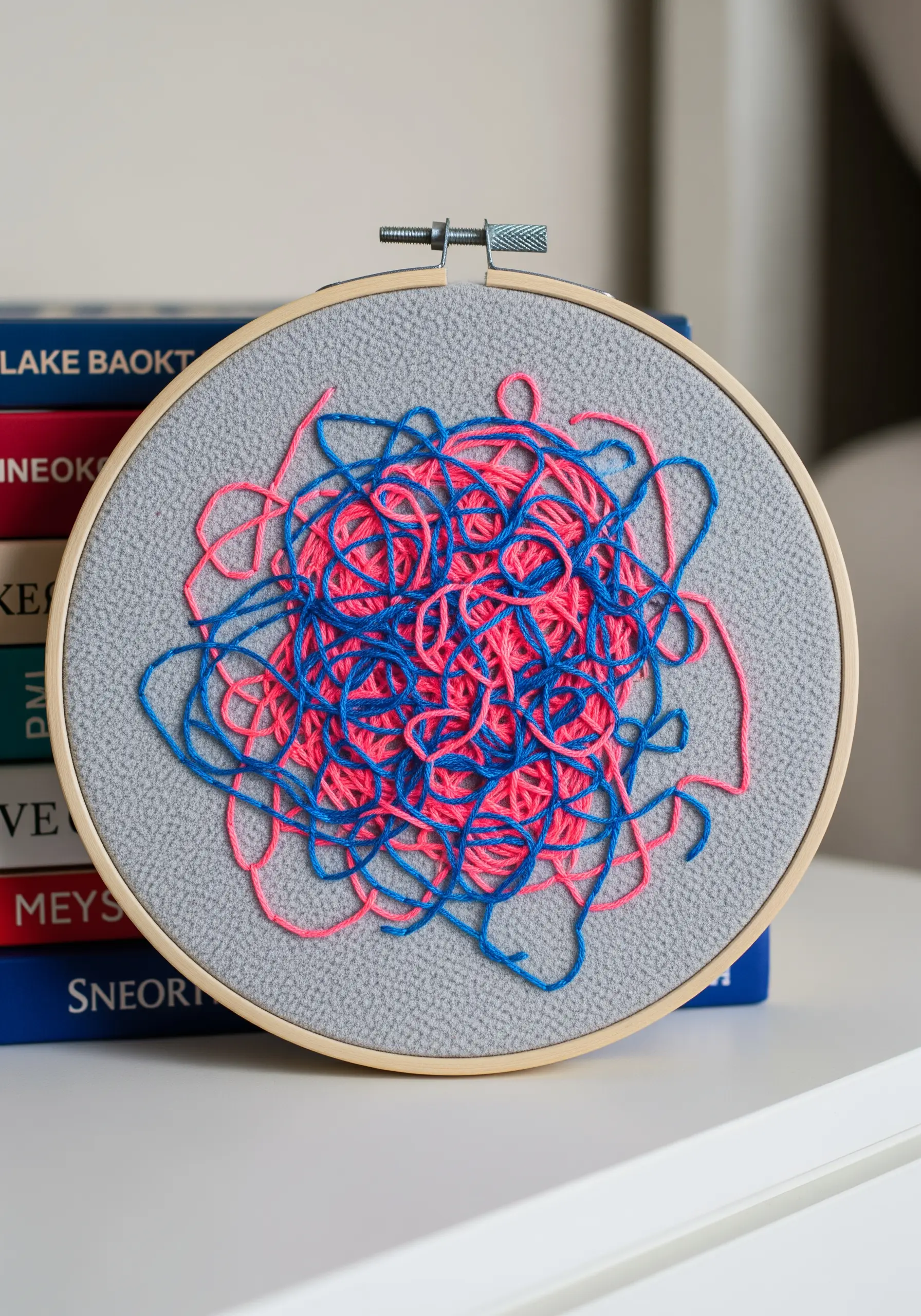 Abstract hoop art with a dense scribble of layered hot pink and blue embroidery floss.