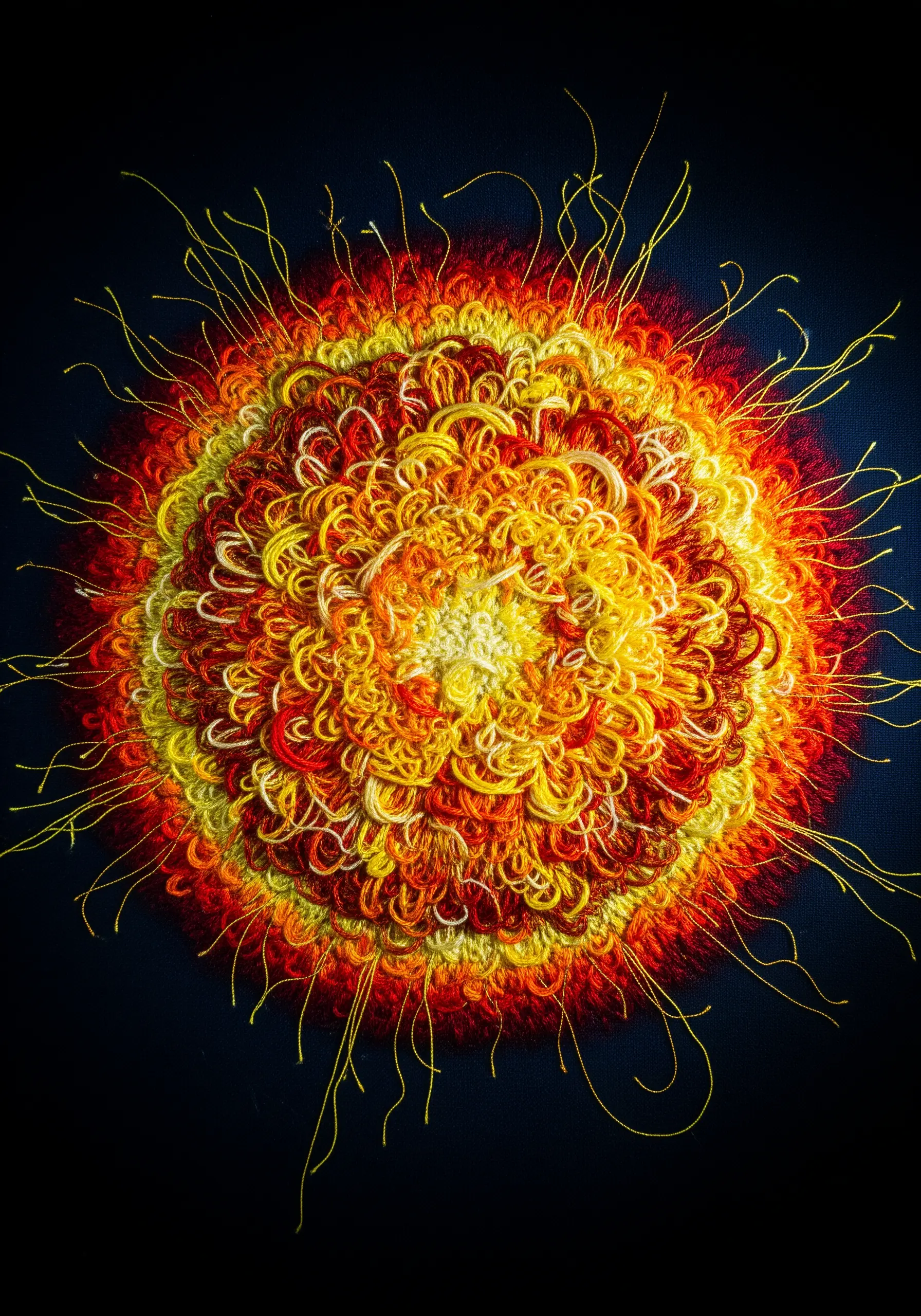 A fiery, chaotic embroidered sun with long, untrimmed loops of metallic thread.