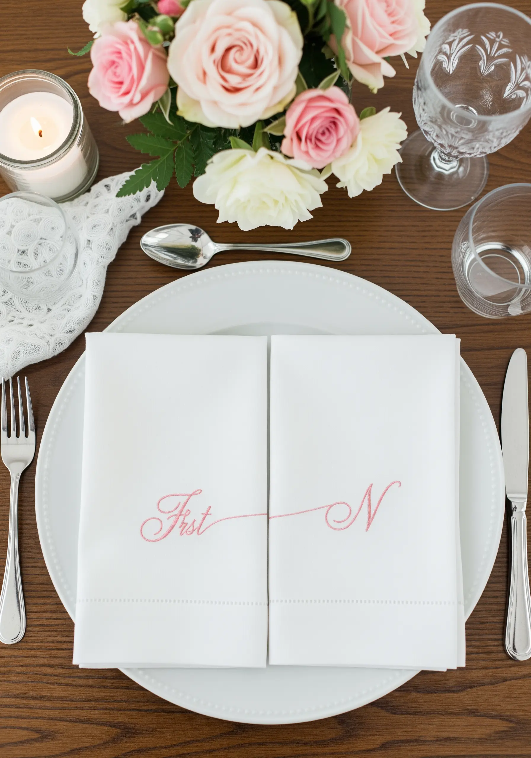 Two white napkins, one embroidered with 'First' and the other with 'N', connected by a thin line.