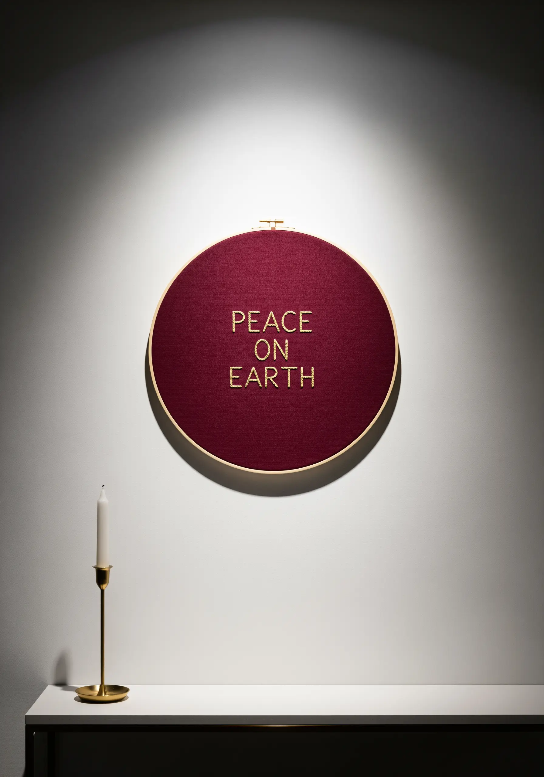 An embroidery hoop with 'Peace on Earth' stitched in elegant gold thread on a deep red fabric.