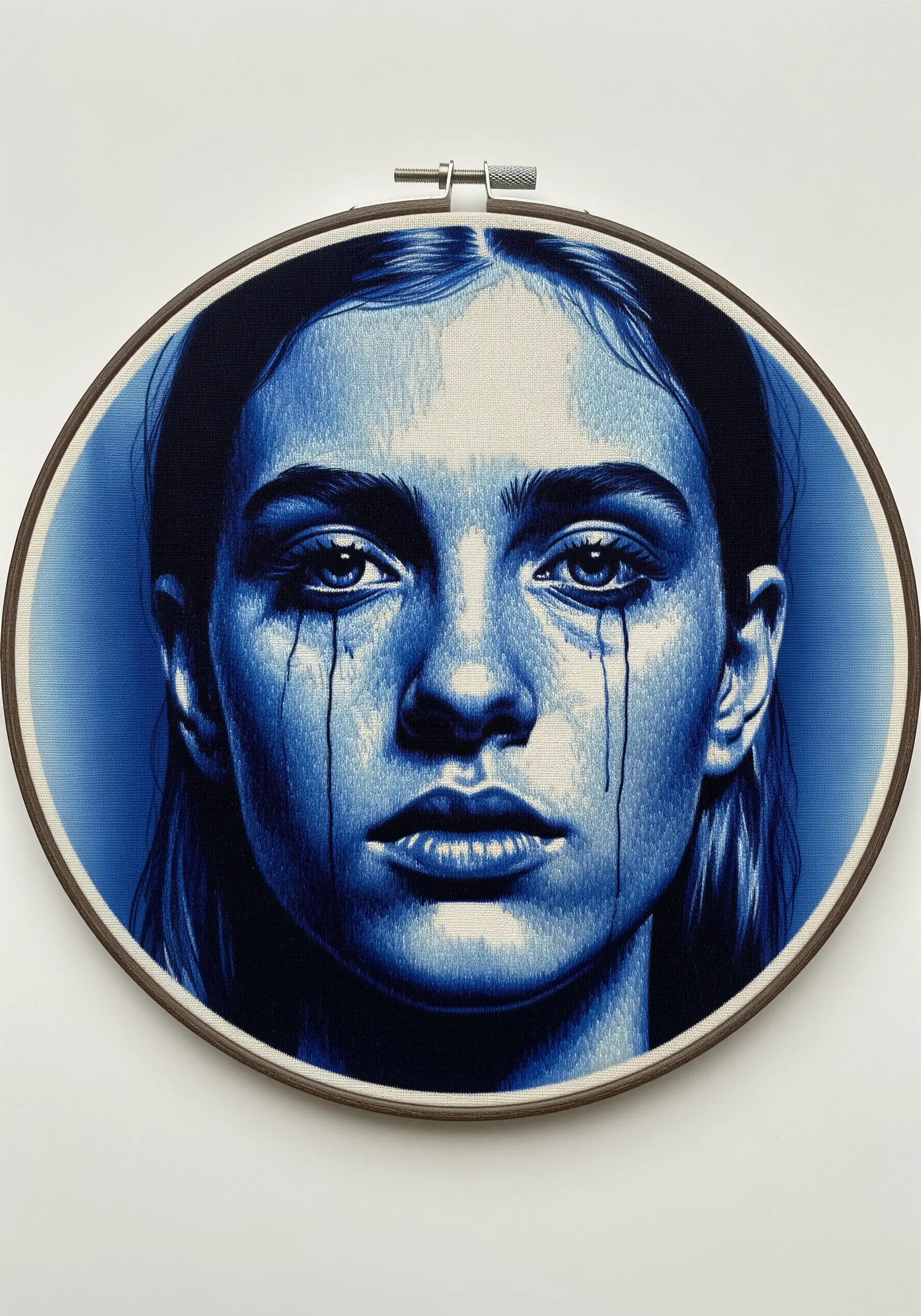 A monochromatic blue embroidered portrait of a crying woman, displayed in a hoop.