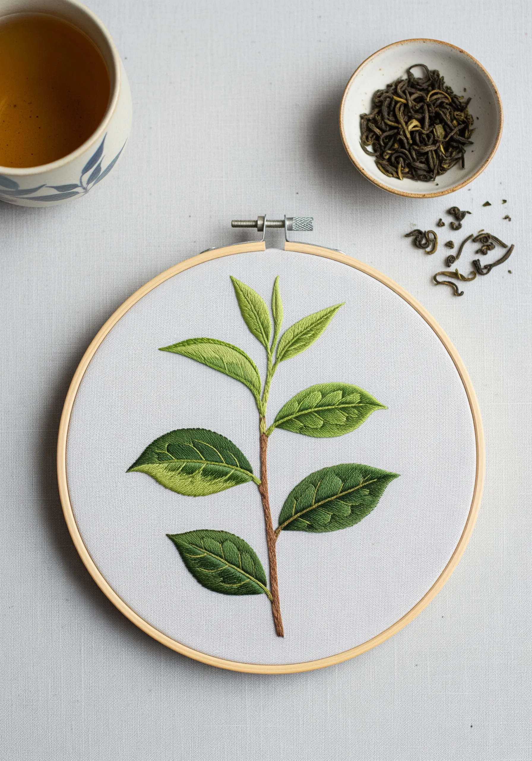 A branch of tea leaves showing different textures and shades of green.