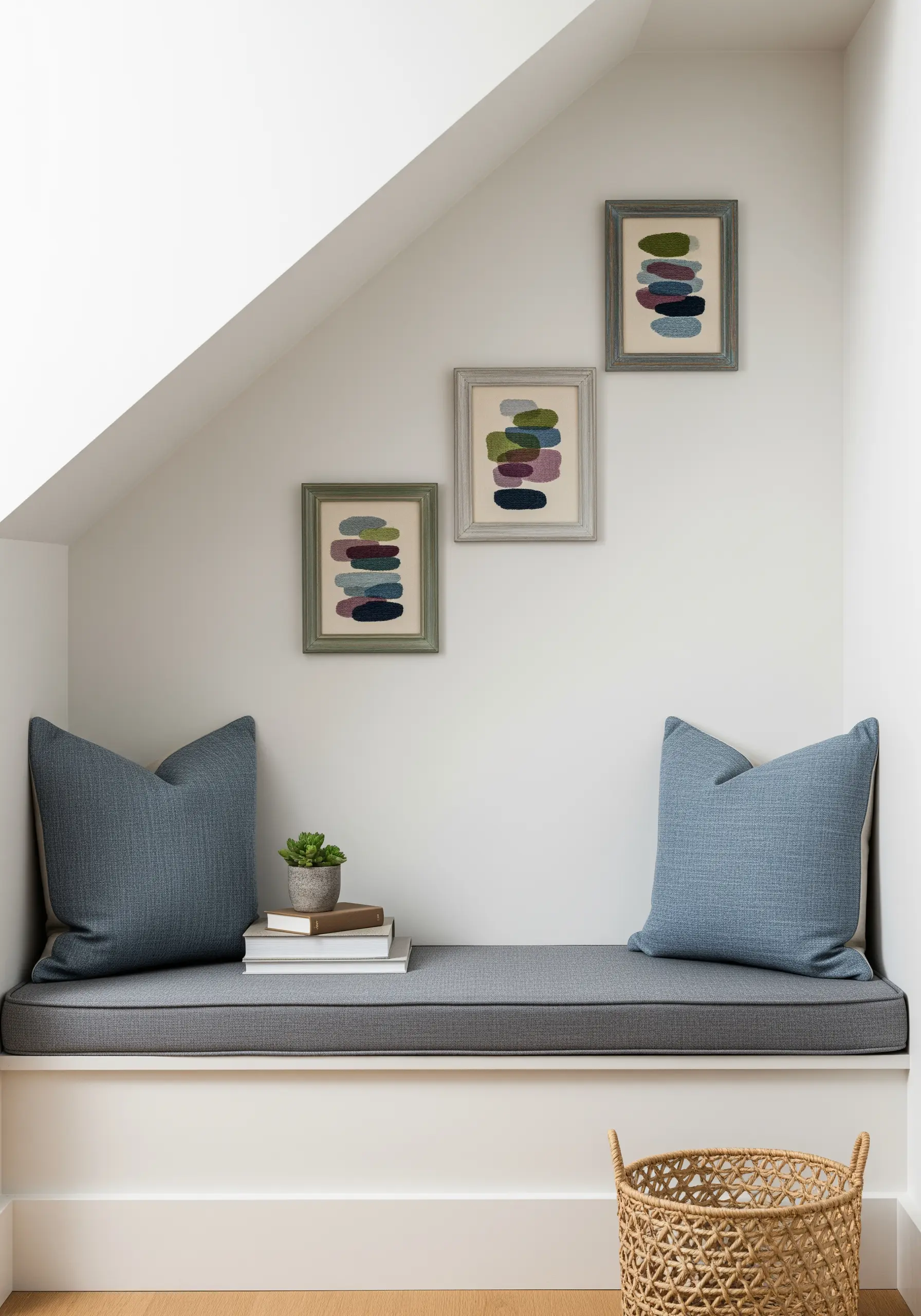 Three small framed embroideries of stacked, organic shapes in muted, earthy colors.