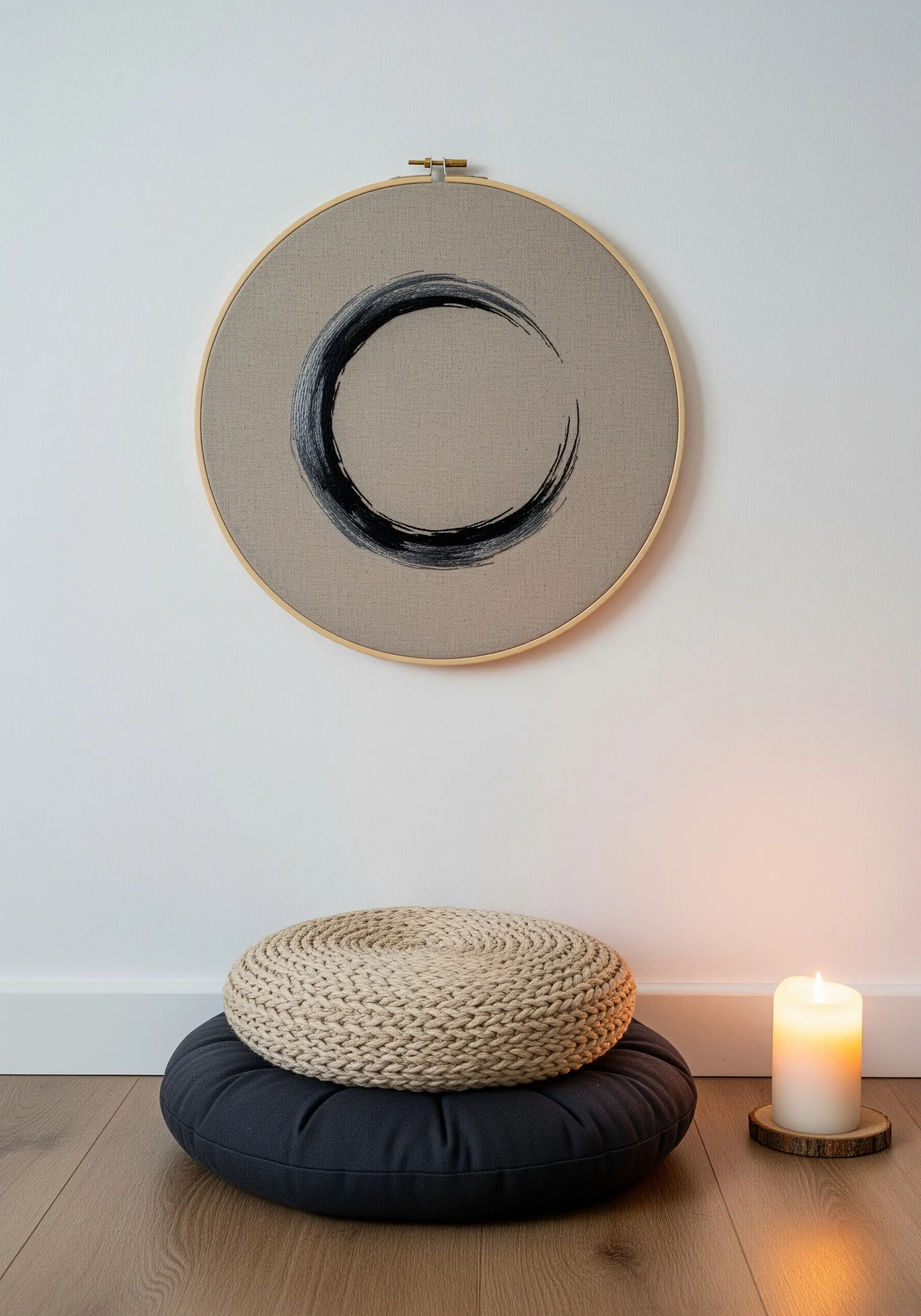 A large embroidery hoop with a black Japanese enso circle hanging above meditation cushions.
