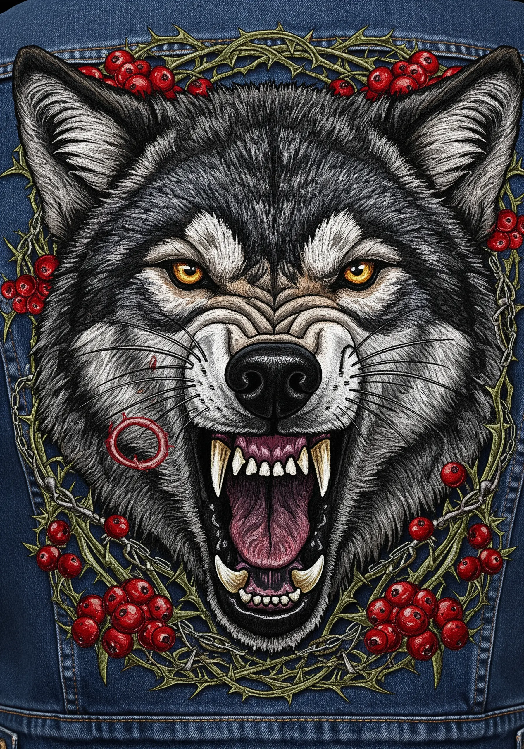 A hyper-realistic embroidered portrait of a snarling grey wolf on a denim jacket.