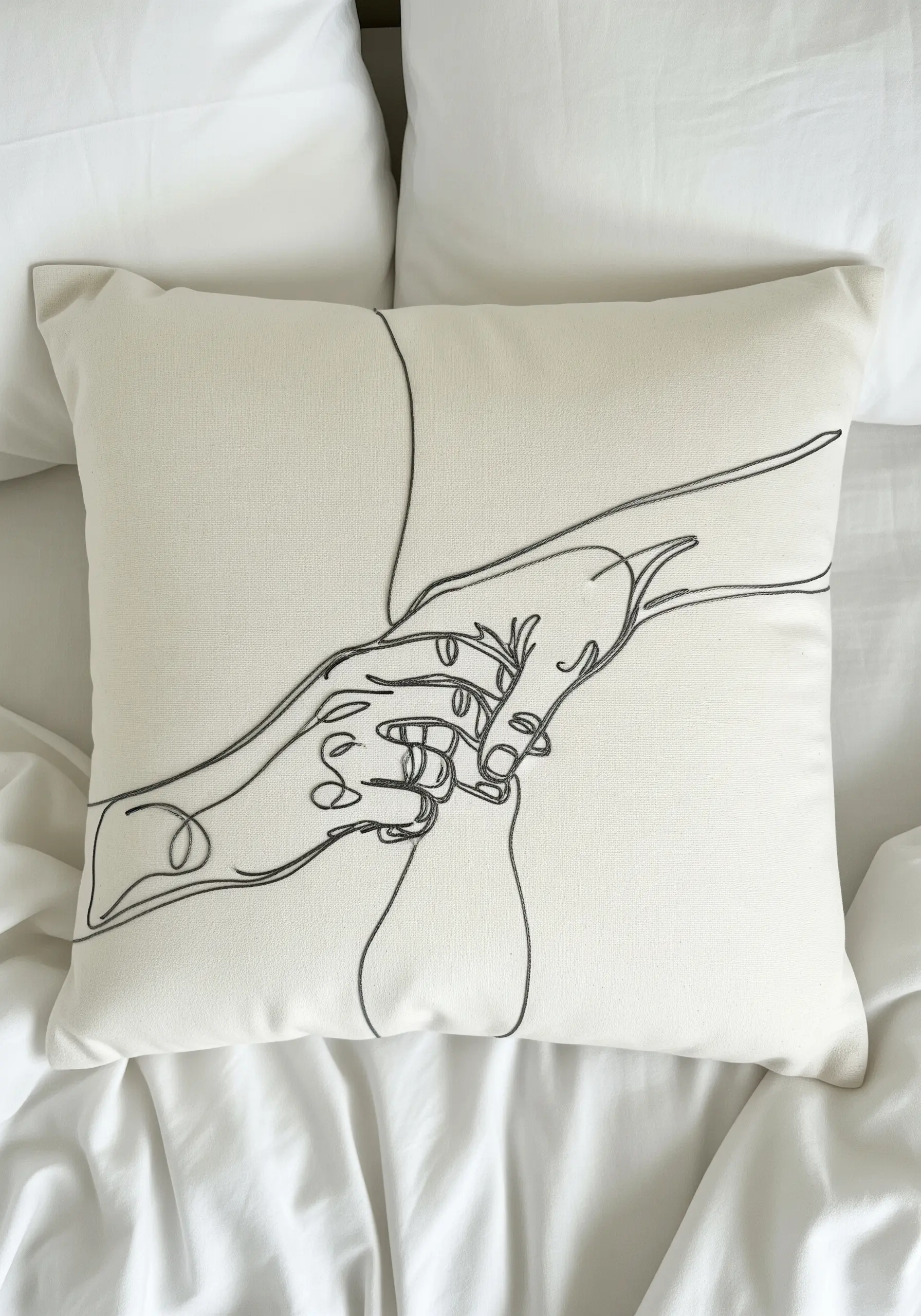 Continuous line art of two hands holding, stitched in black thread on a cream cushion.