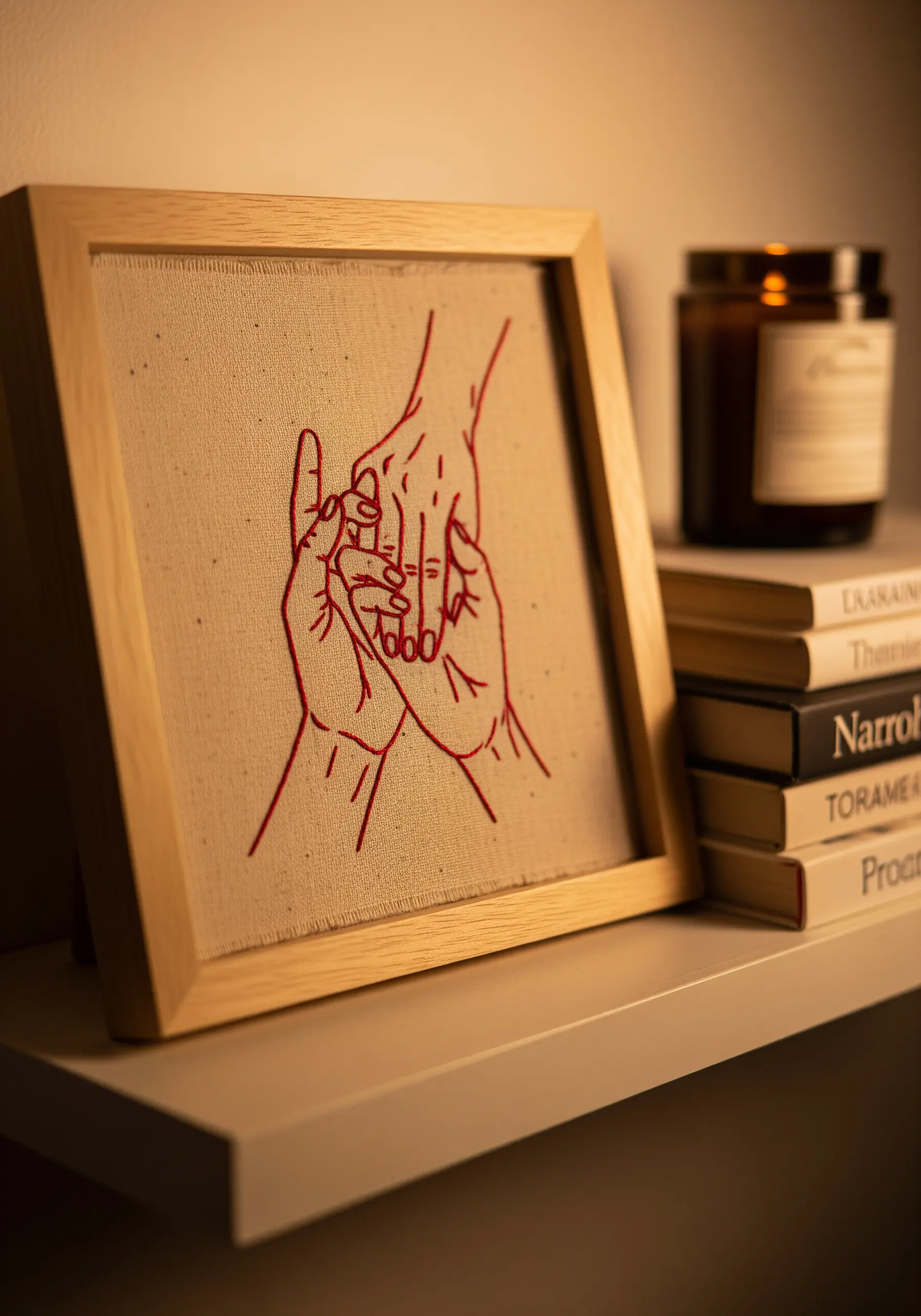 Framed embroidery of two hands holding, stitched in red thread on natural linen.