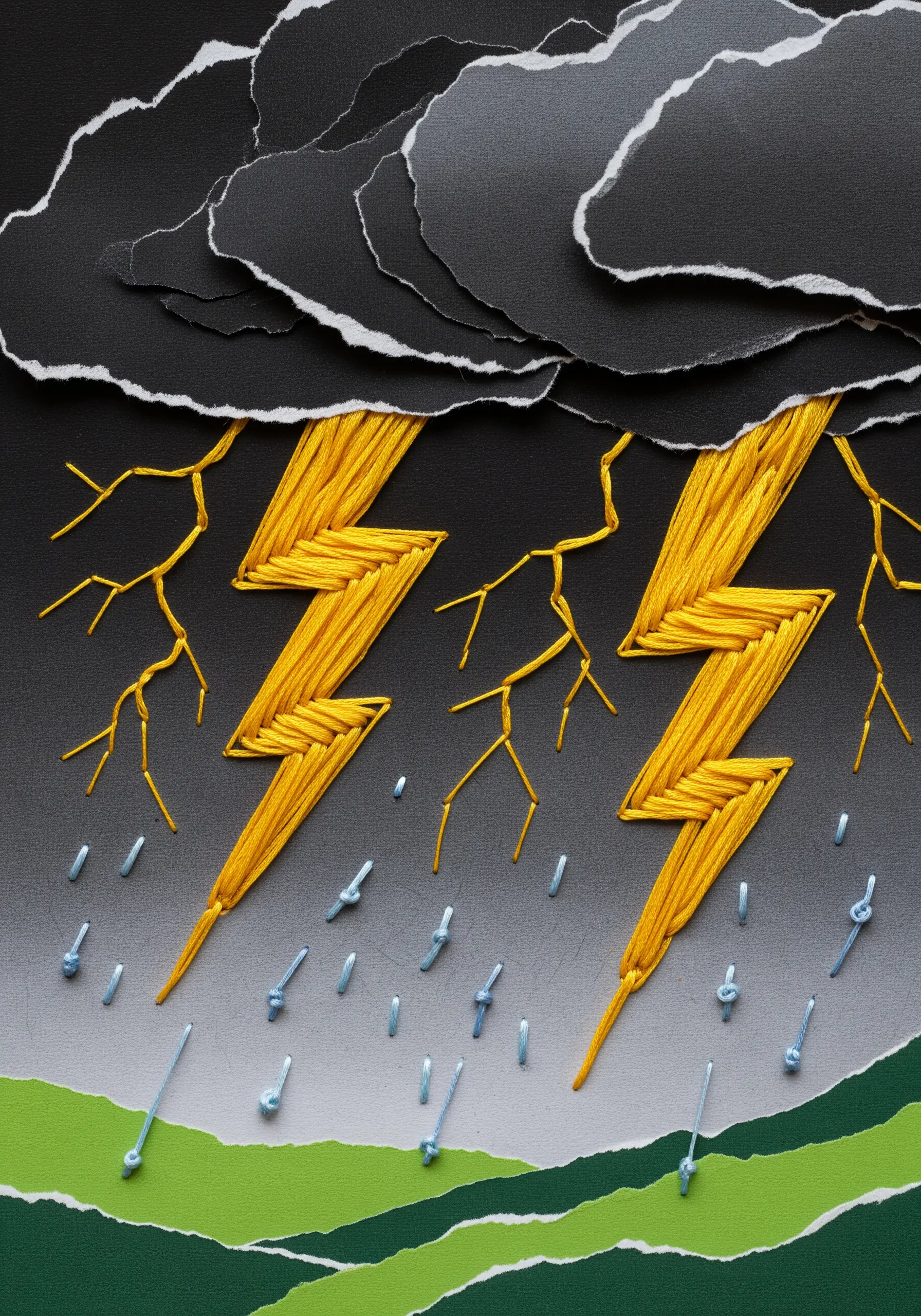 A collage of a storm with lightning bolts created from bold yellow satin stitch.