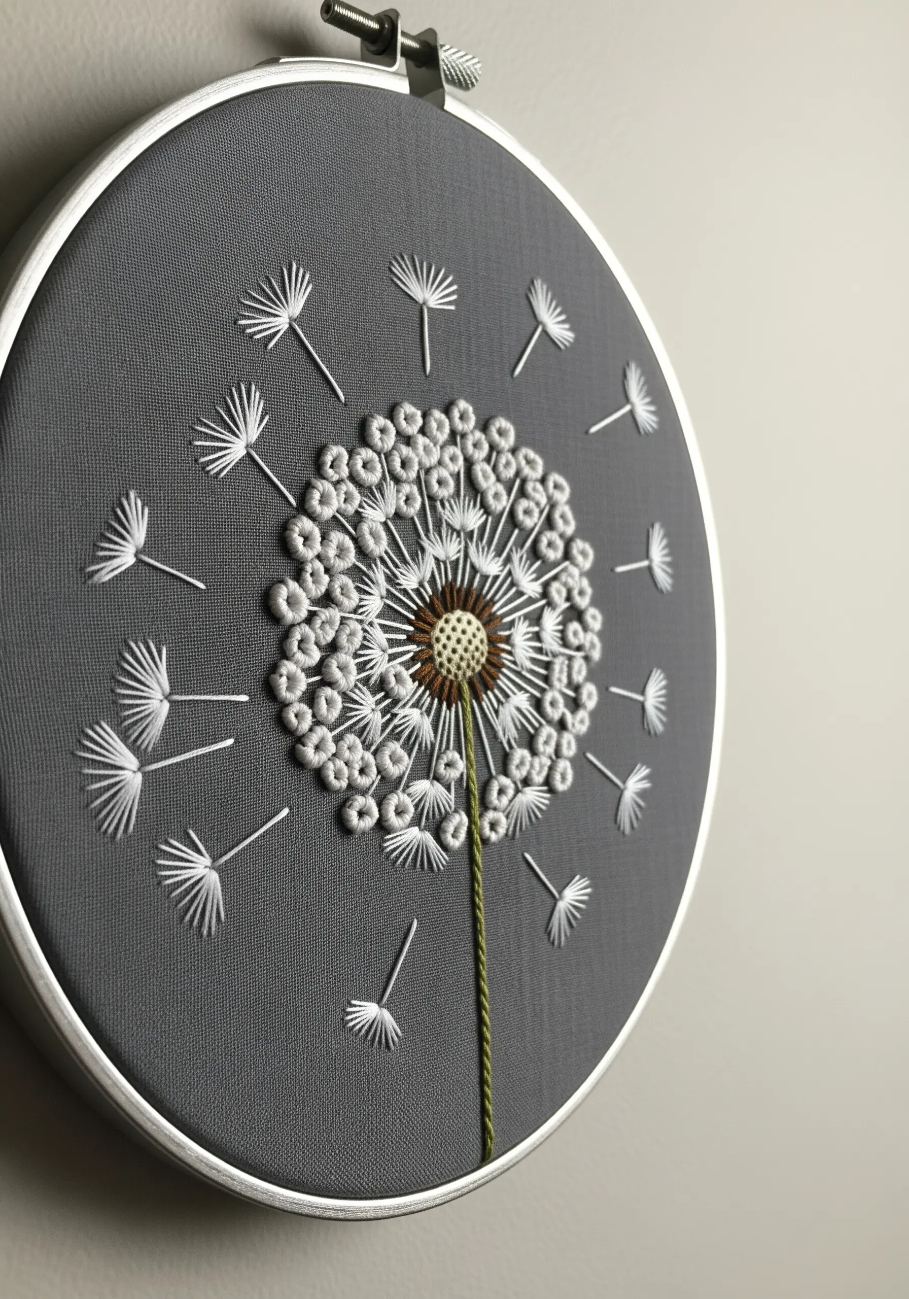 An embroidered dandelion clock on grey fabric, with seeds blowing away across the hoop.