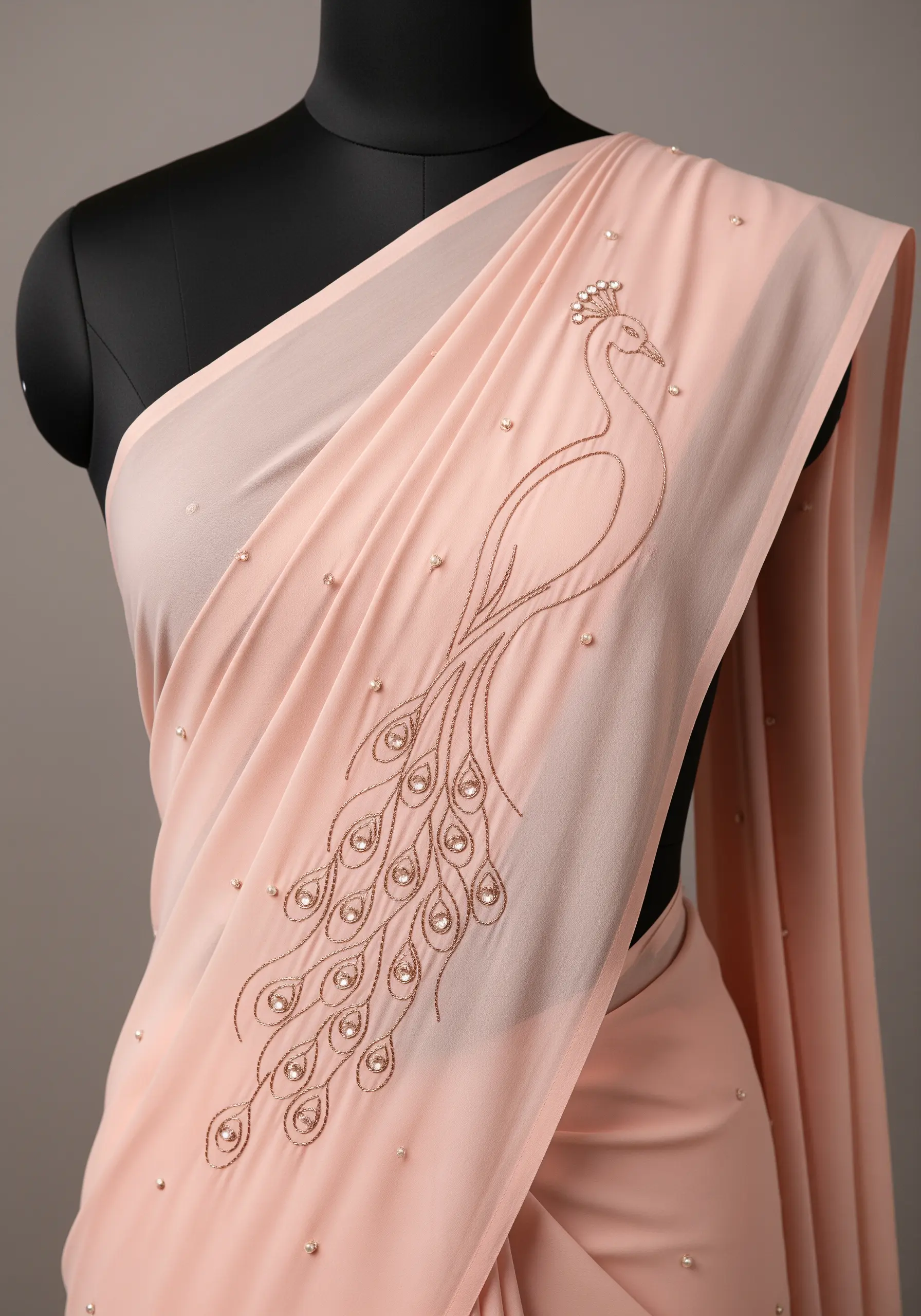 A delicate outline of a peacock with scattered pearls on a sheer pink saree.