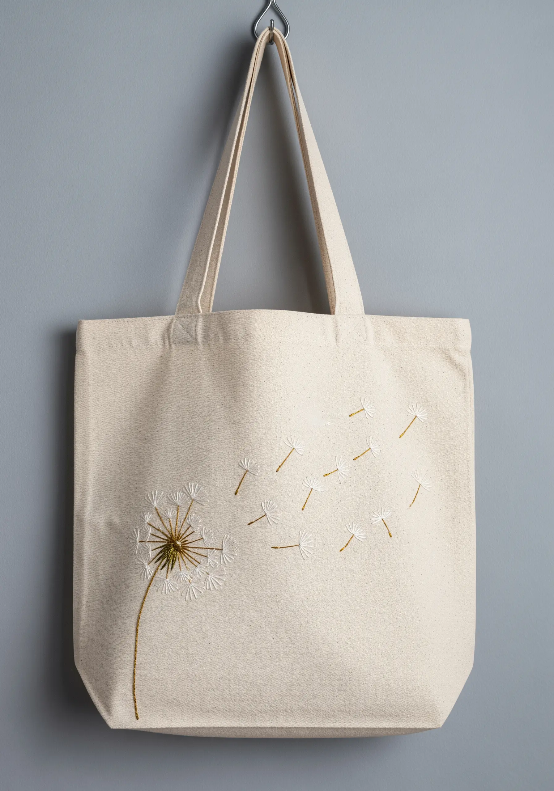 Embroidered dandelion with seeds blowing across a canvas tote bag.