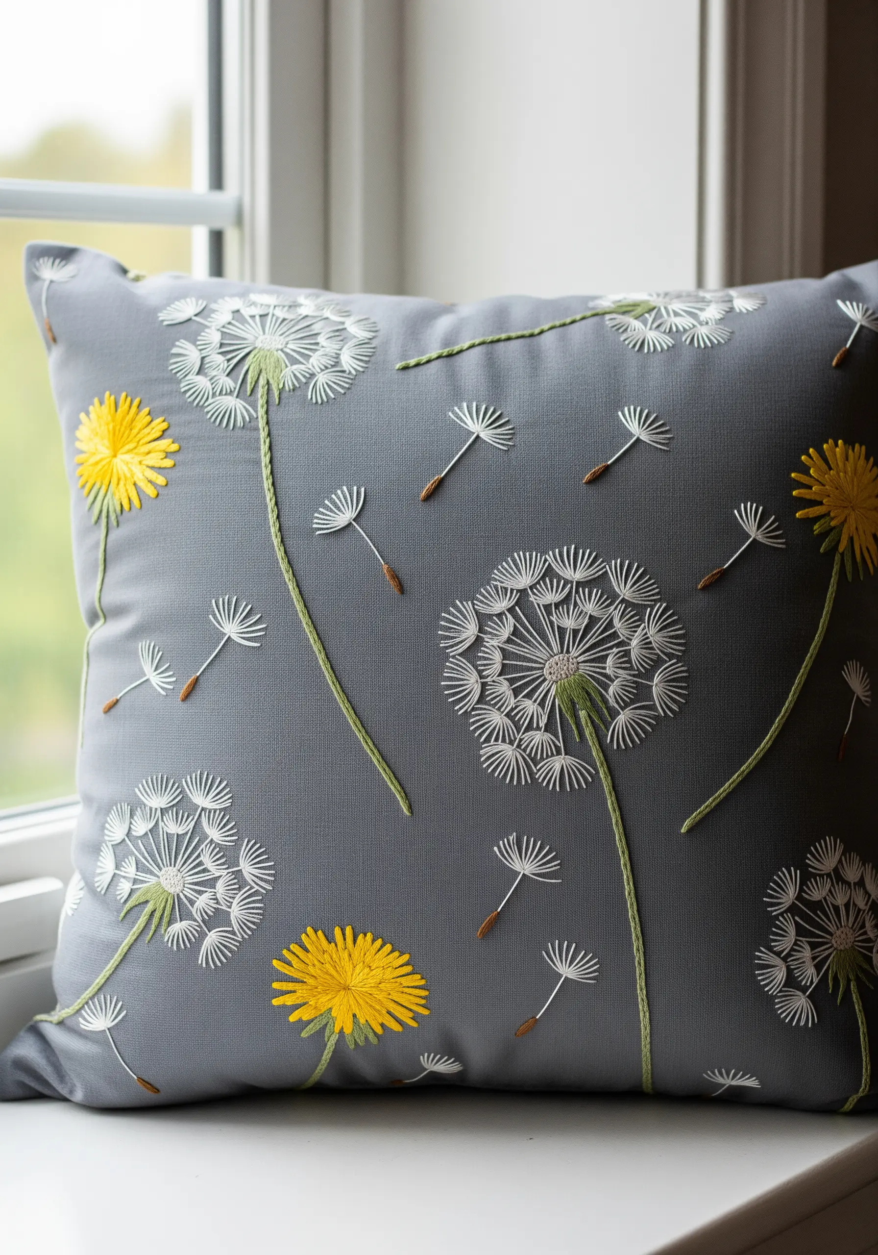 Embroidered dandelions, including seed heads and floating seeds, on a grey pillow.