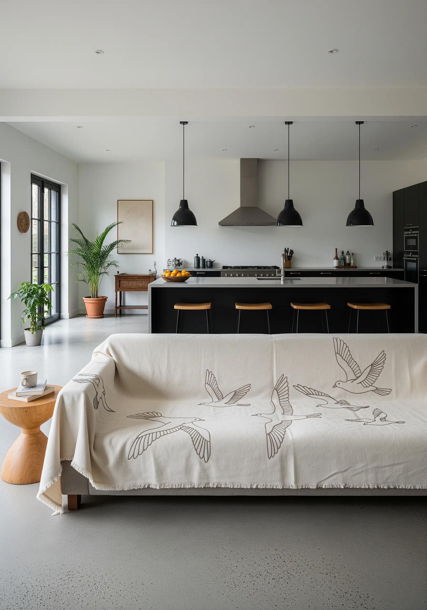Line-art embroidery of a flock of birds in flight, overlapping across a large throw.