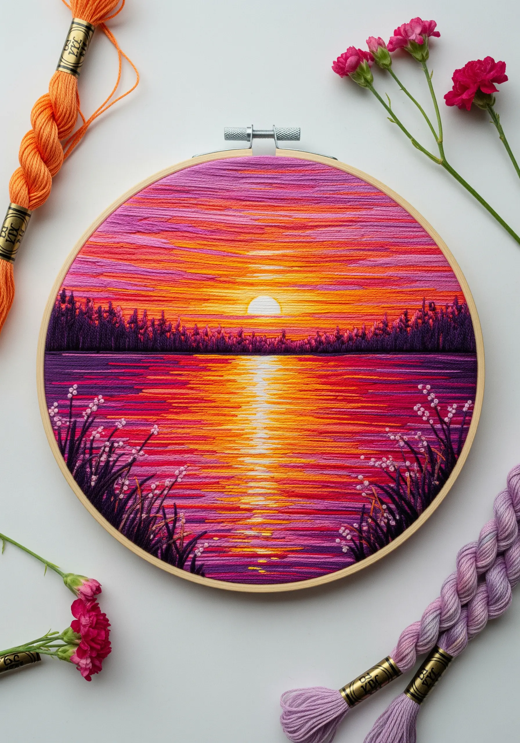 A vibrant sunset over water, created with long horizontal stitches in orange, pink, and purple.