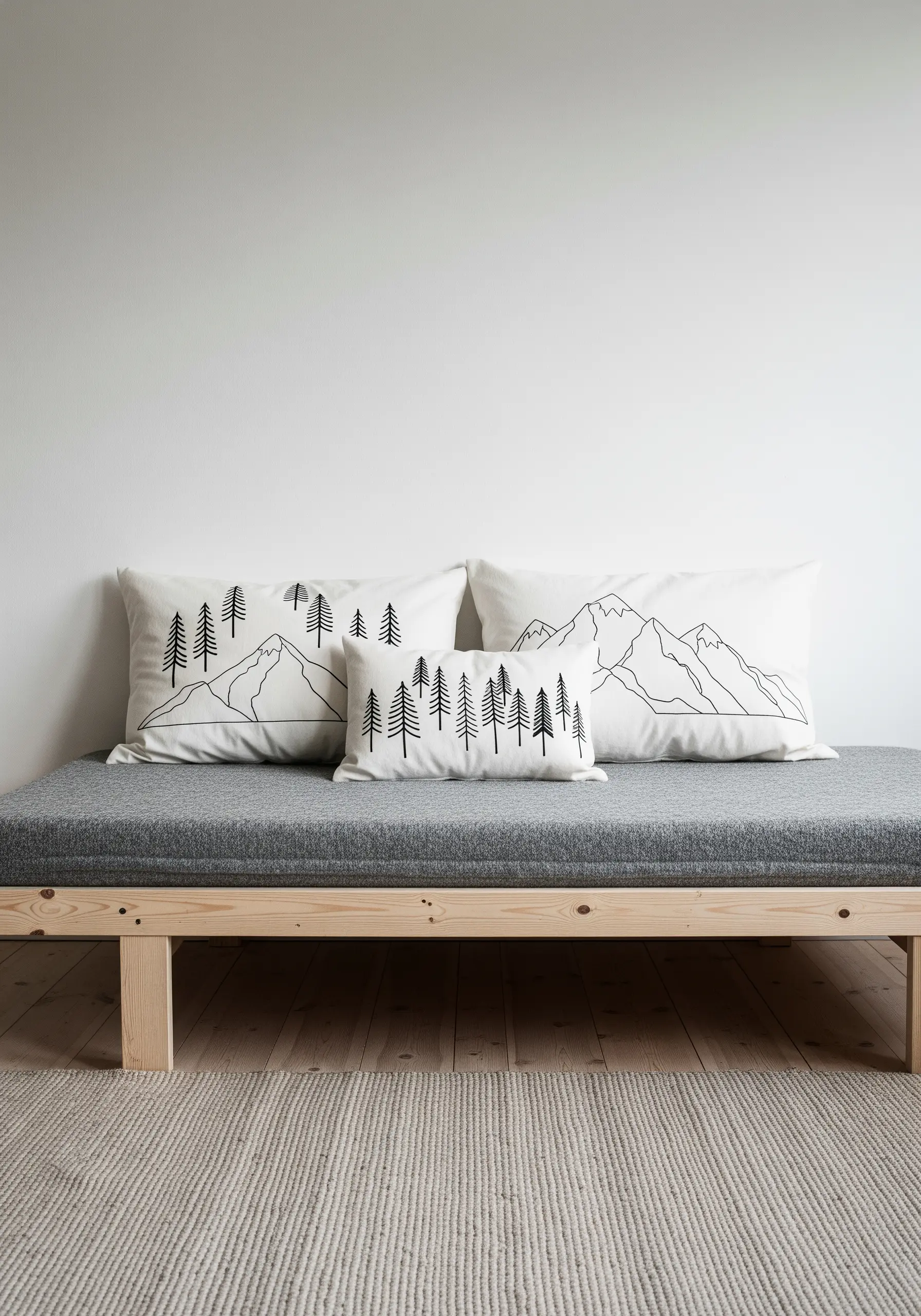 Minimalist line art embroidery of mountains and pine trees on white pillows.