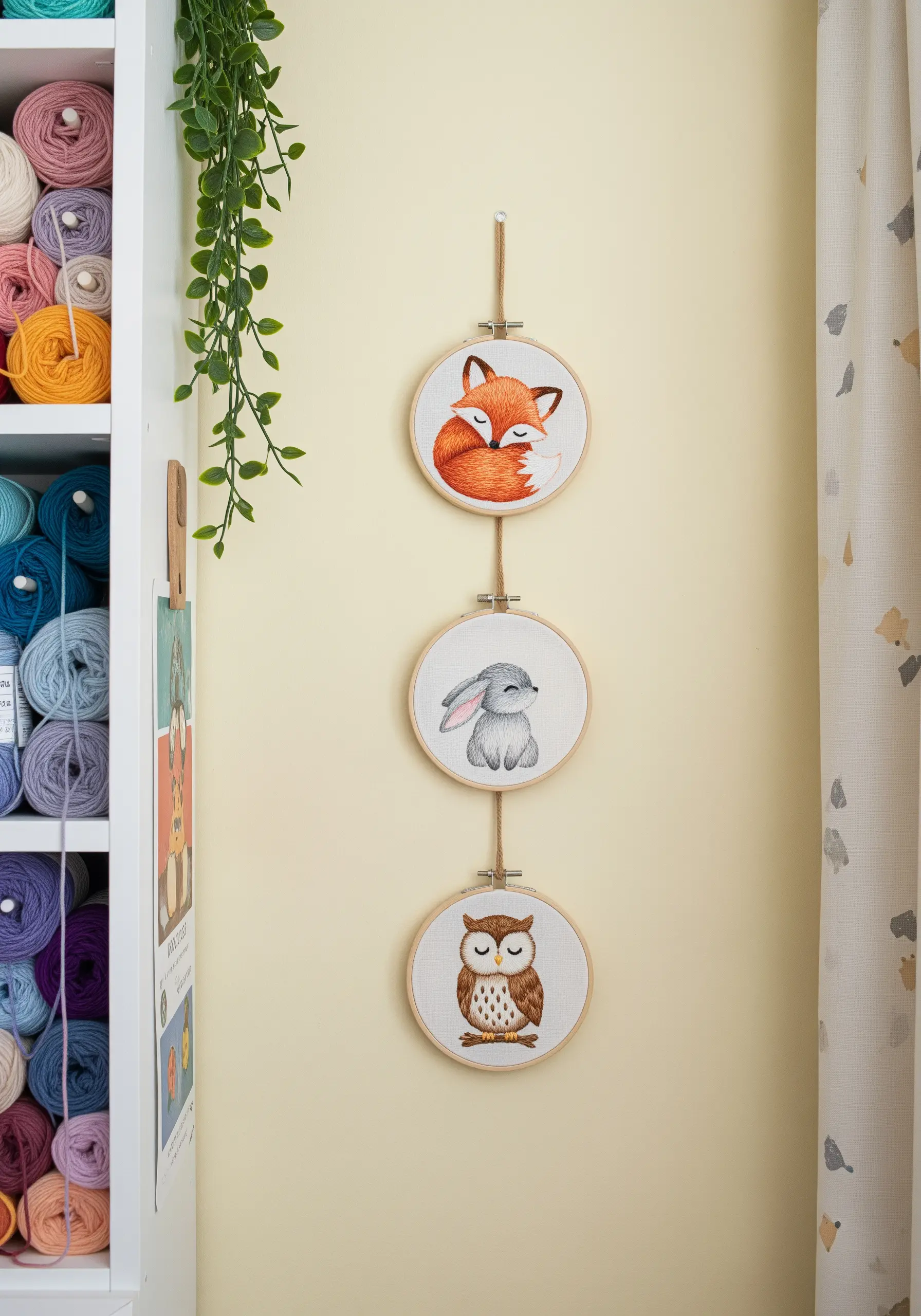 Three vertically stacked hoops with a sleeping fox, a rabbit, and an owl in a craft room.
