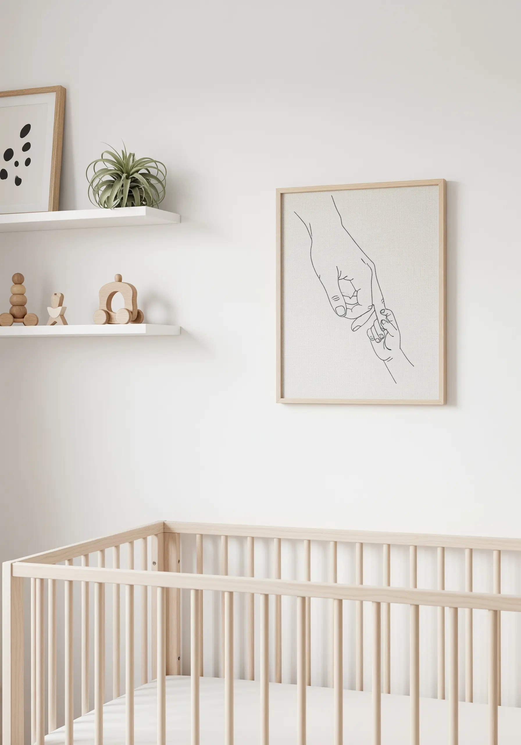 Delicate line art embroidery of a parent's hand holding a baby's hand.