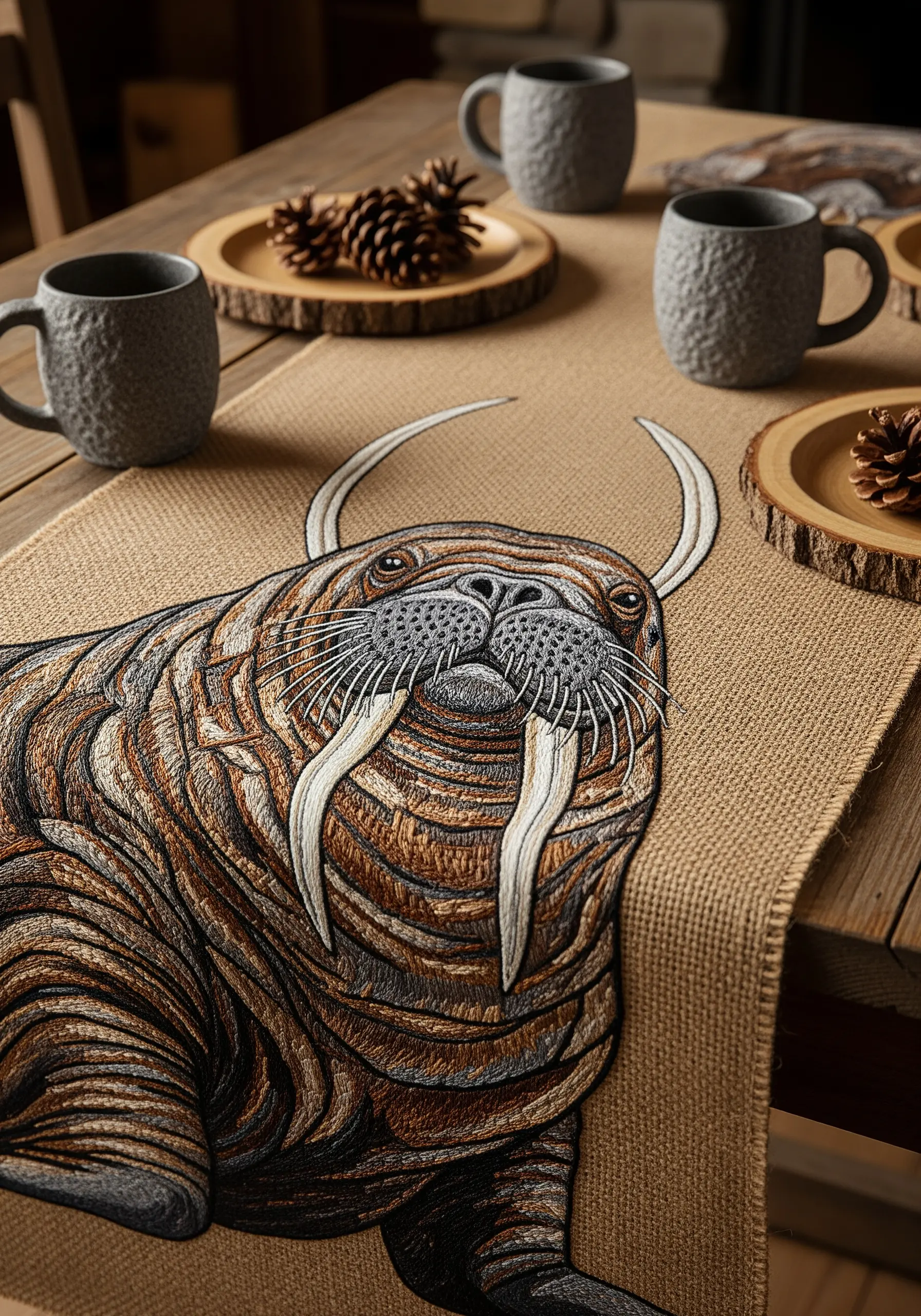 A highly detailed, textural walrus embroidered on a rustic burlap table runner.
