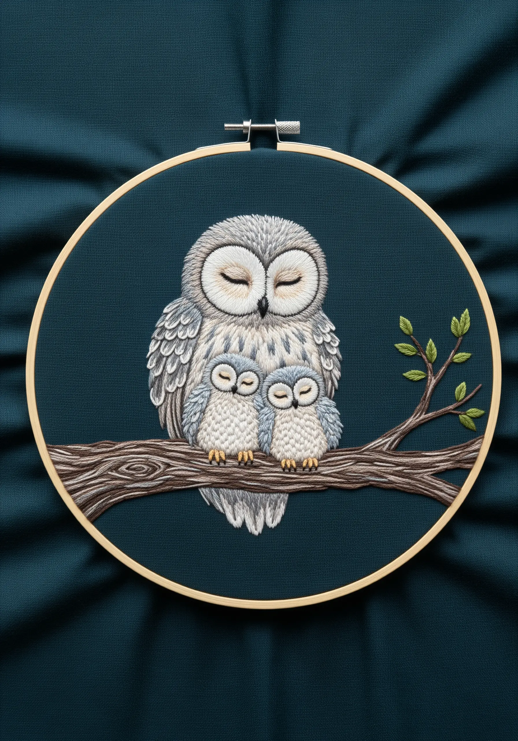 Embroidered owl family with fluffy French knot owlets on a branch.