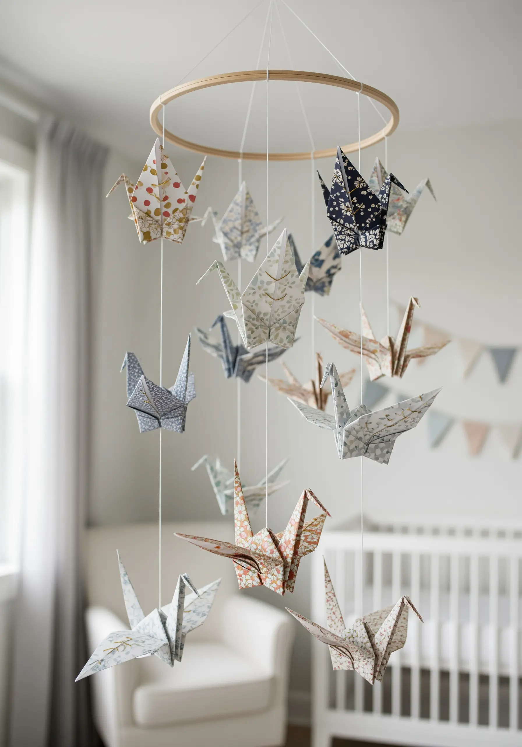 An origami mobile with paper cranes in various floral and patterned papers hanging in a nursery.
