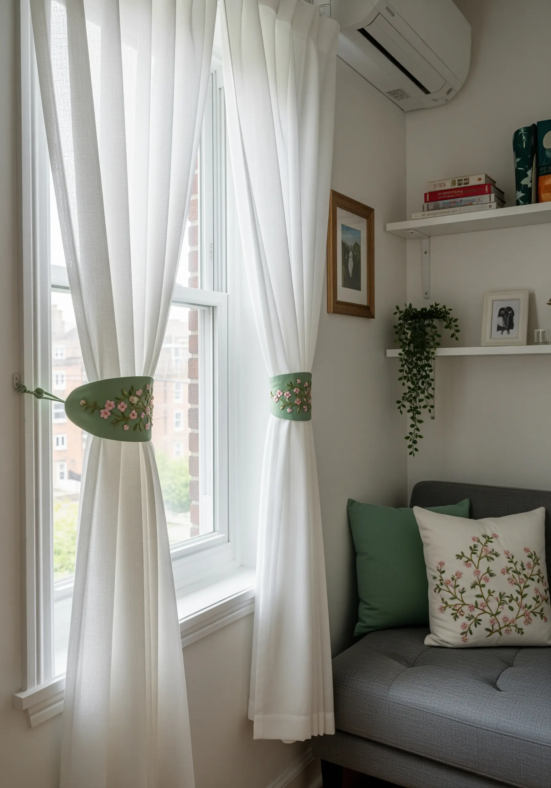A room with embroidered curtain tie-backs and a matching pillow, both with pink floral vines